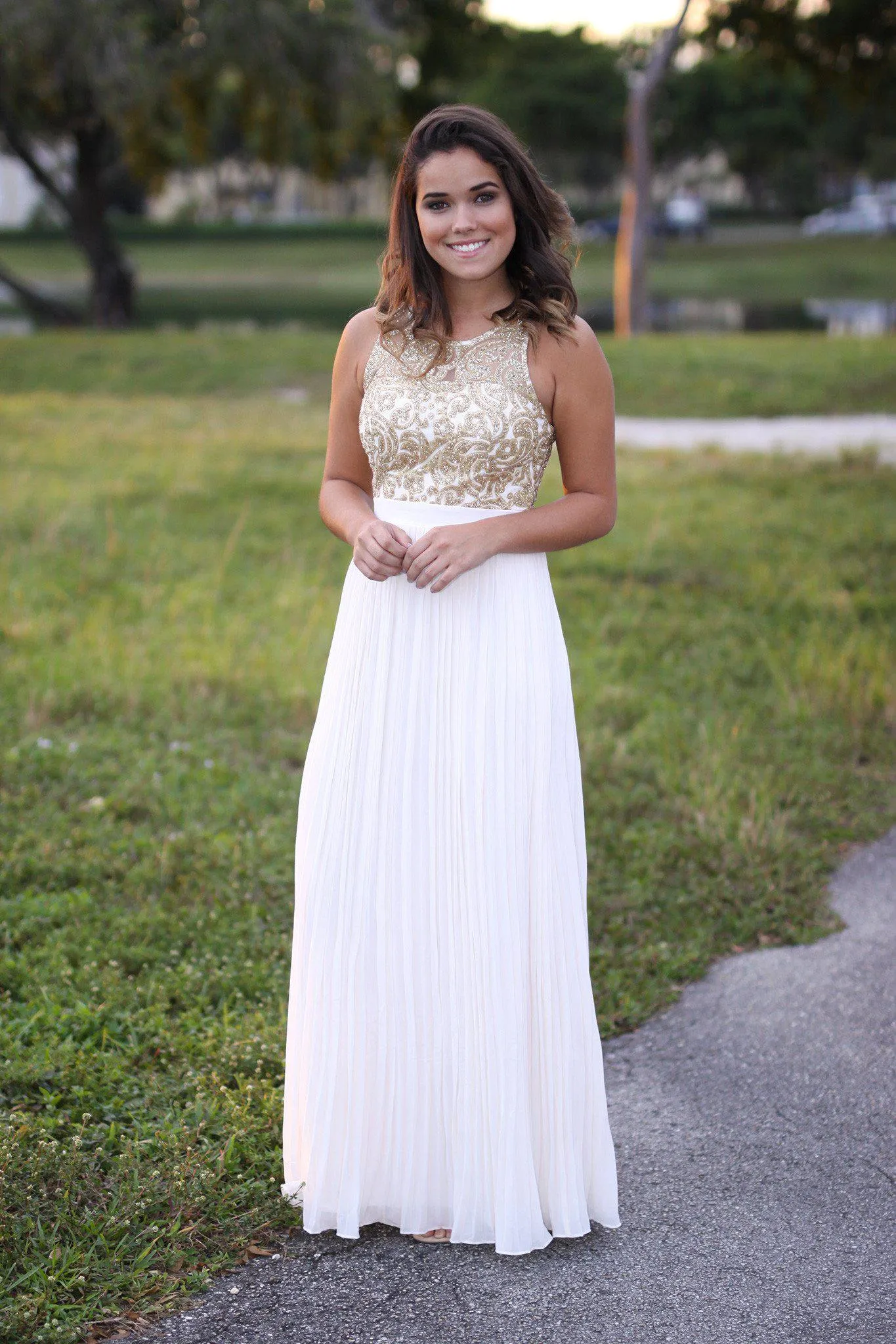 Cream and Gold Pleated Maxi Dress