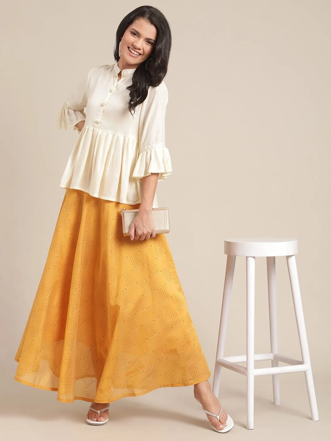 Cream Embellished Peplum Top With Mustard Printed Flared Skirt