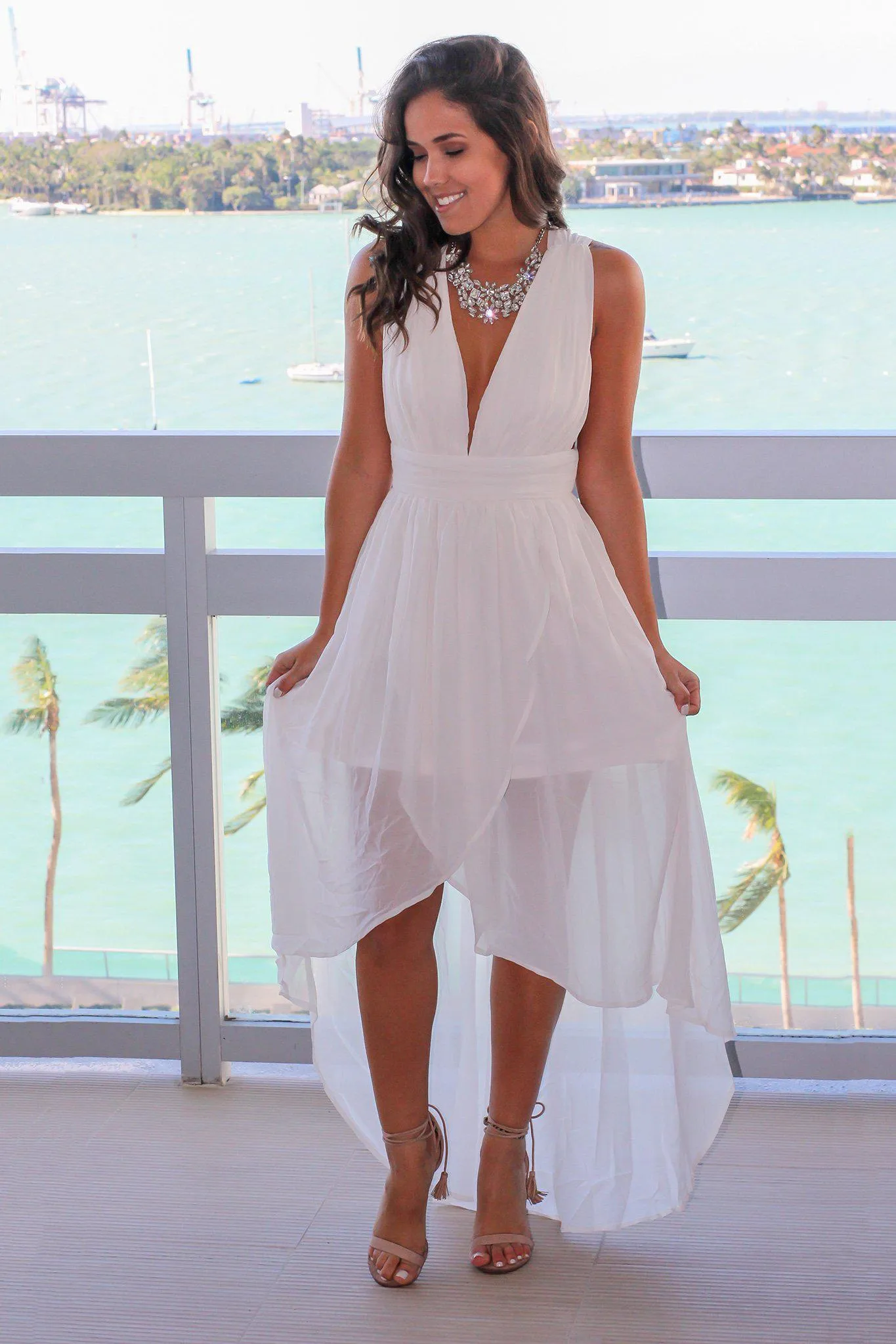 Cream High Low Dress with Criss Cross Back