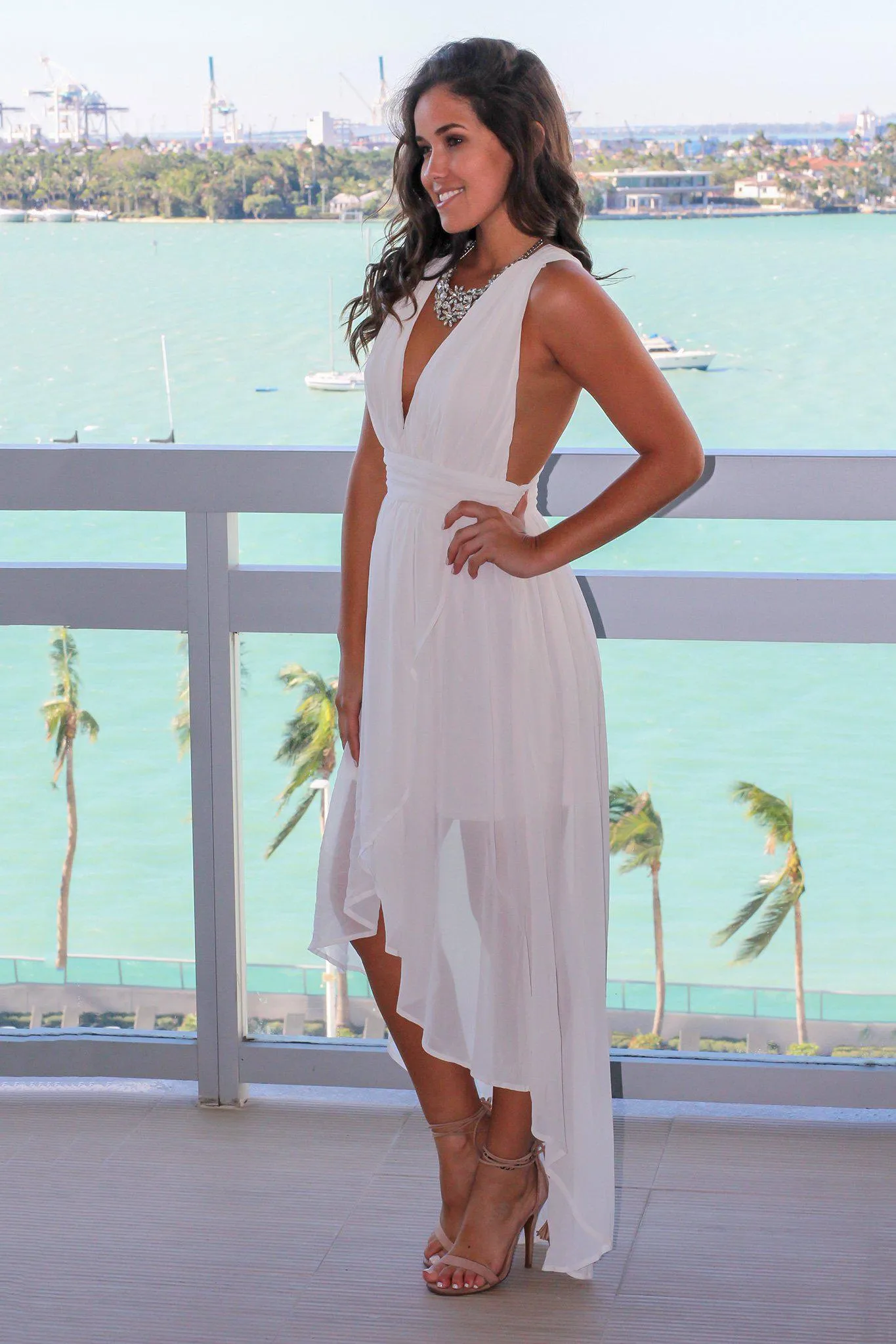 Cream High Low Dress with Criss Cross Back