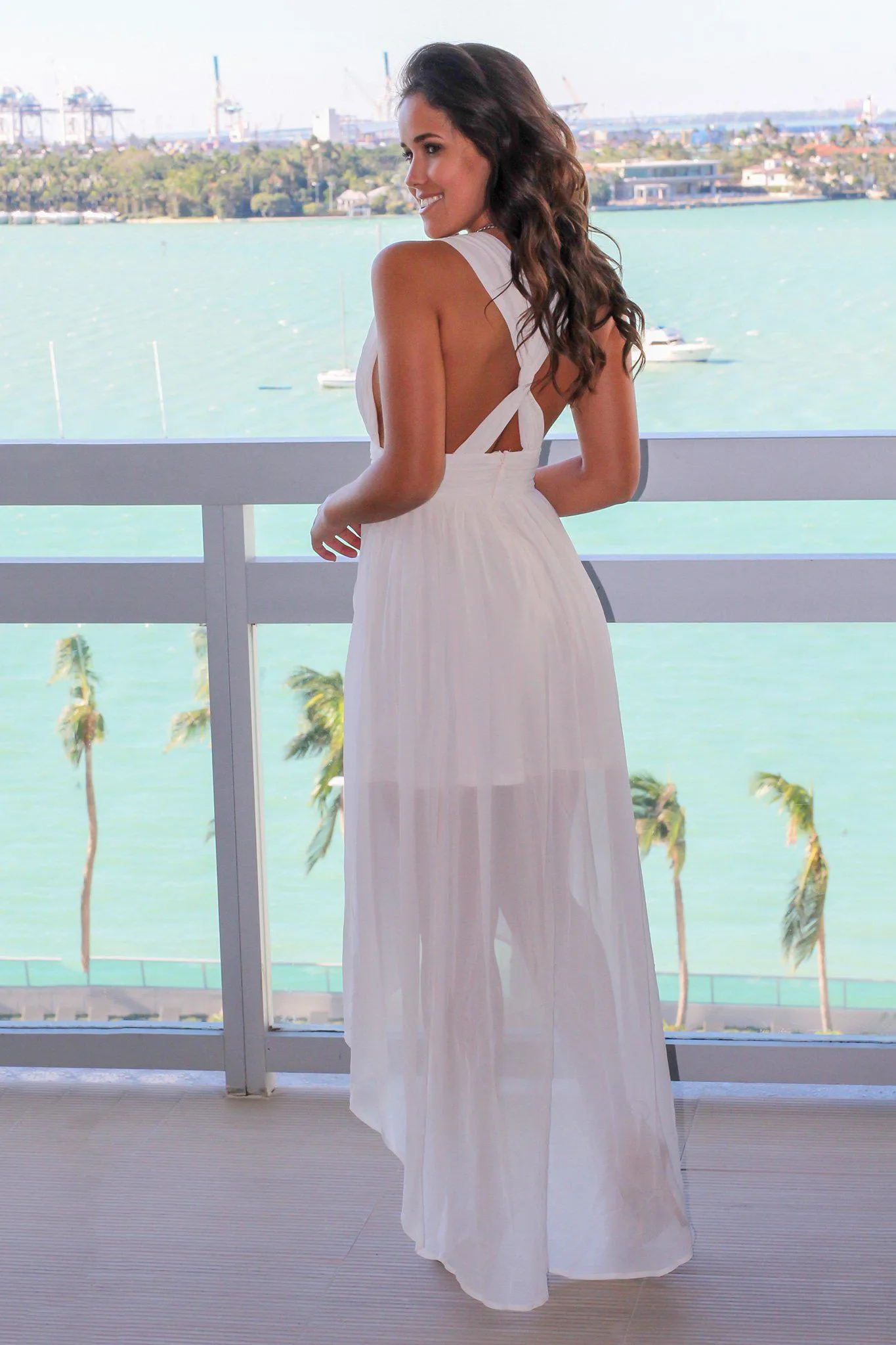 Cream High Low Dress with Criss Cross Back