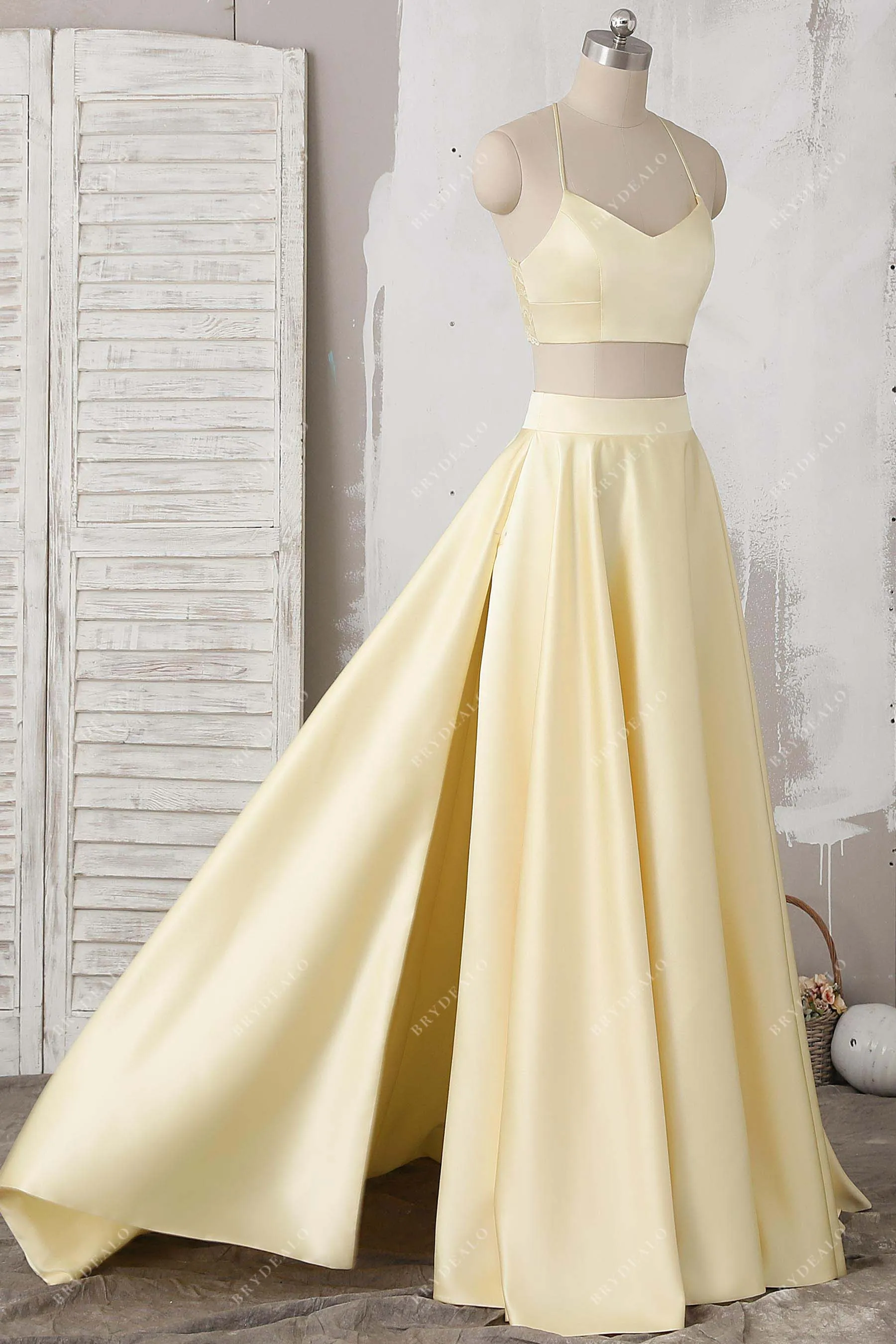 Cute Daffodil Yellow Satin Two-piece Prom Dress