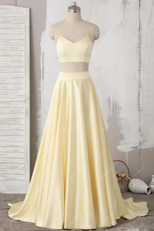 Cute Daffodil Yellow Satin Two-piece Prom Dress