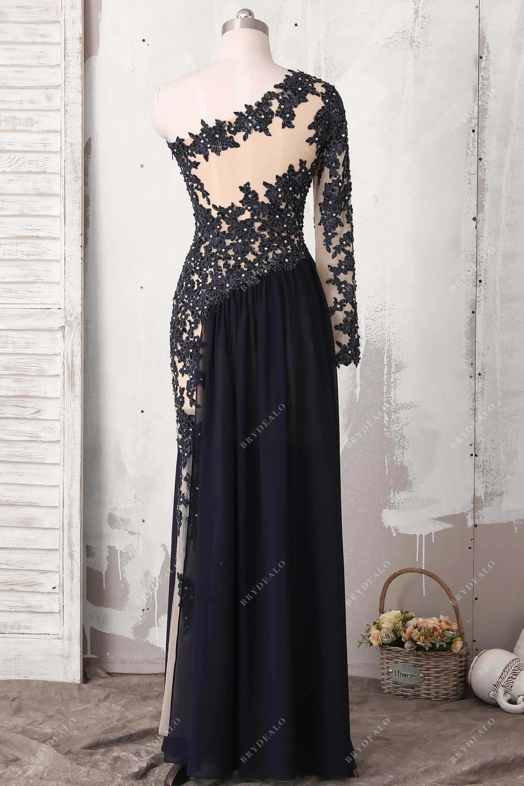 Dark Navy Lace Chiffon One Sleeve A-line Prom Dress