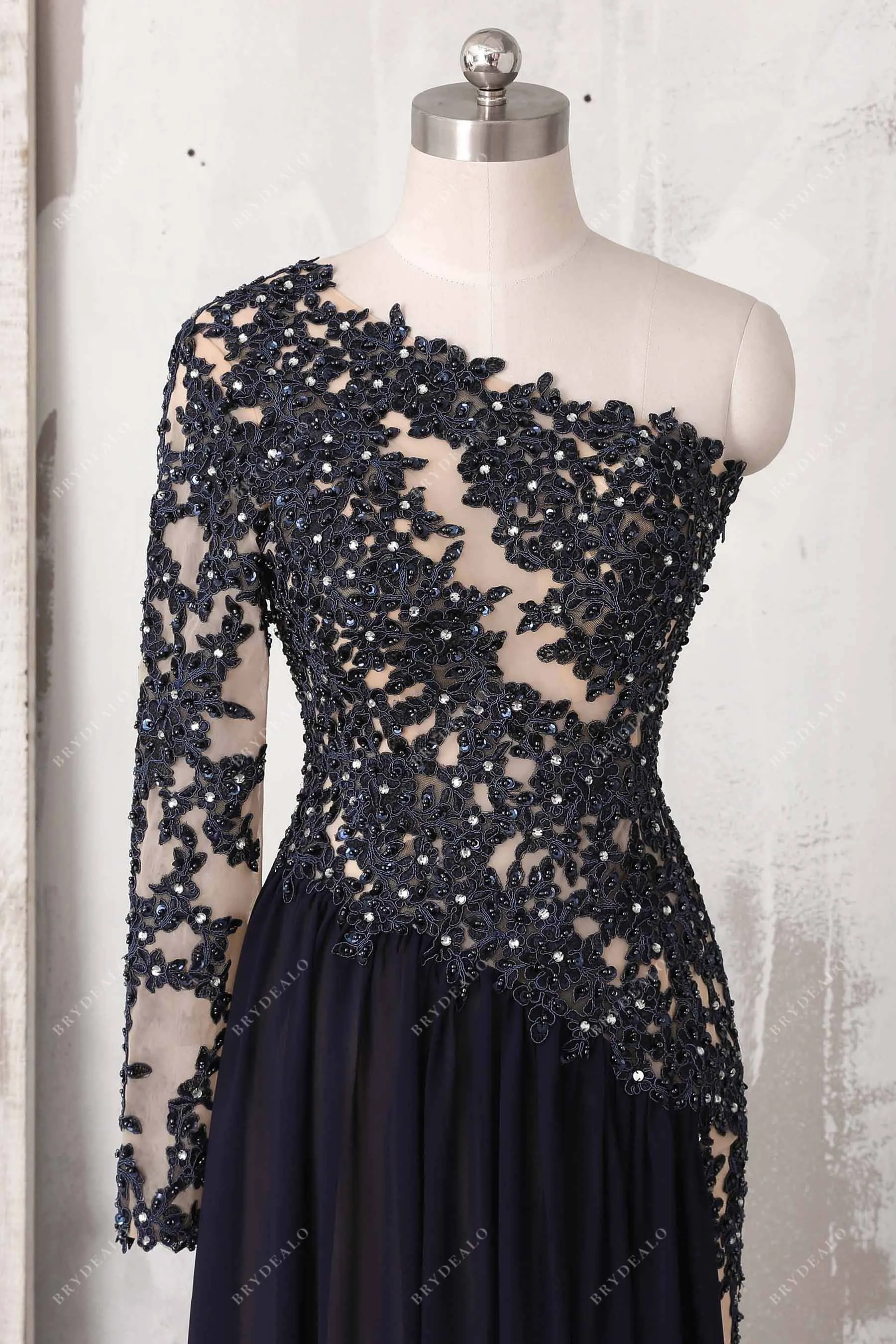 Dark Navy Lace Chiffon One Sleeve A-line Prom Dress