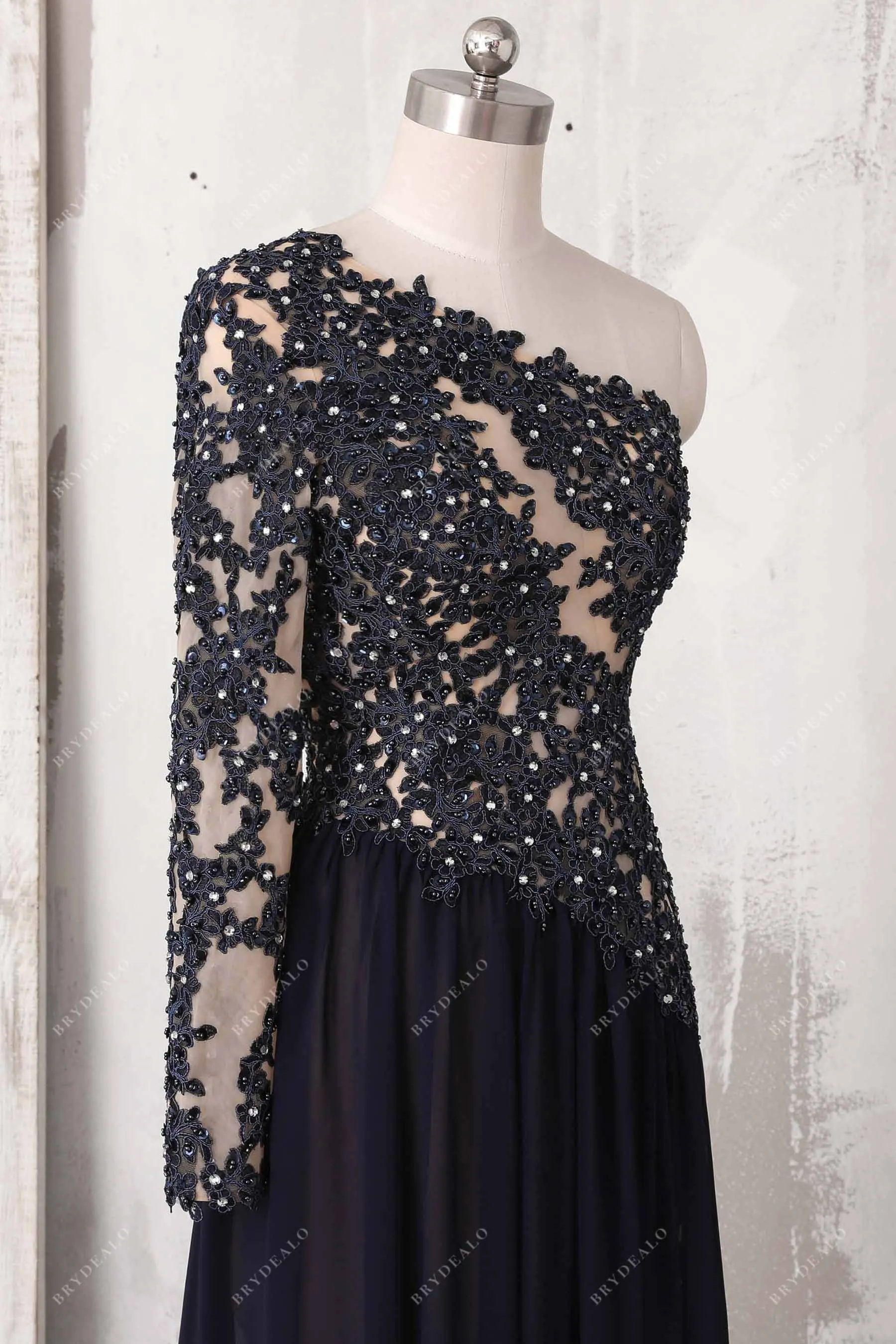 Dark Navy Lace Chiffon One Sleeve A-line Prom Dress