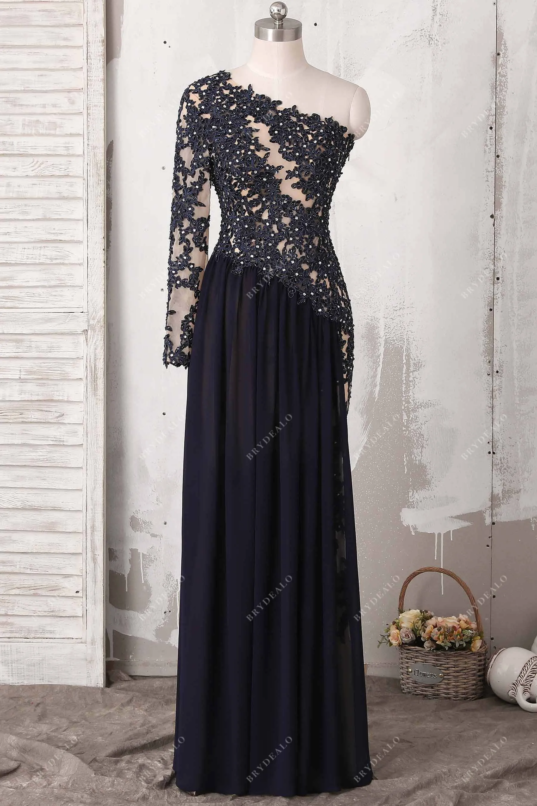 Dark Navy Lace Chiffon One Sleeve A-line Prom Dress