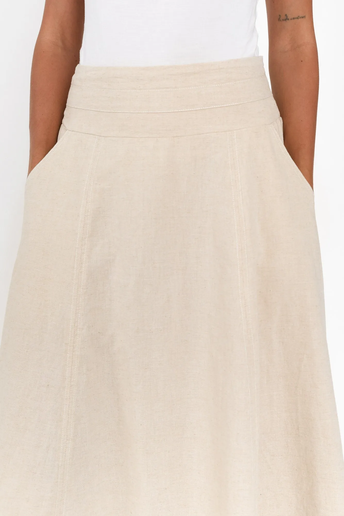 Derine Beige Linen Midi Skirt