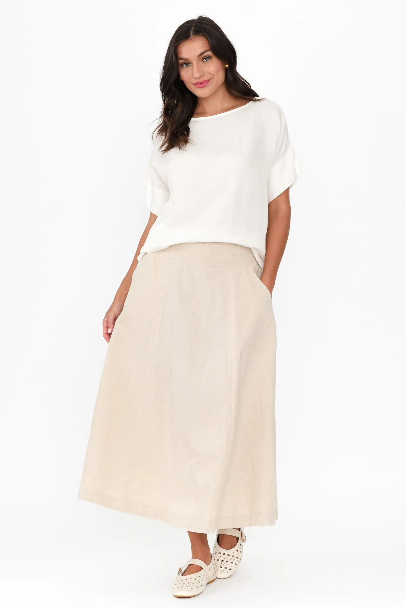 Derine Beige Linen Midi Skirt