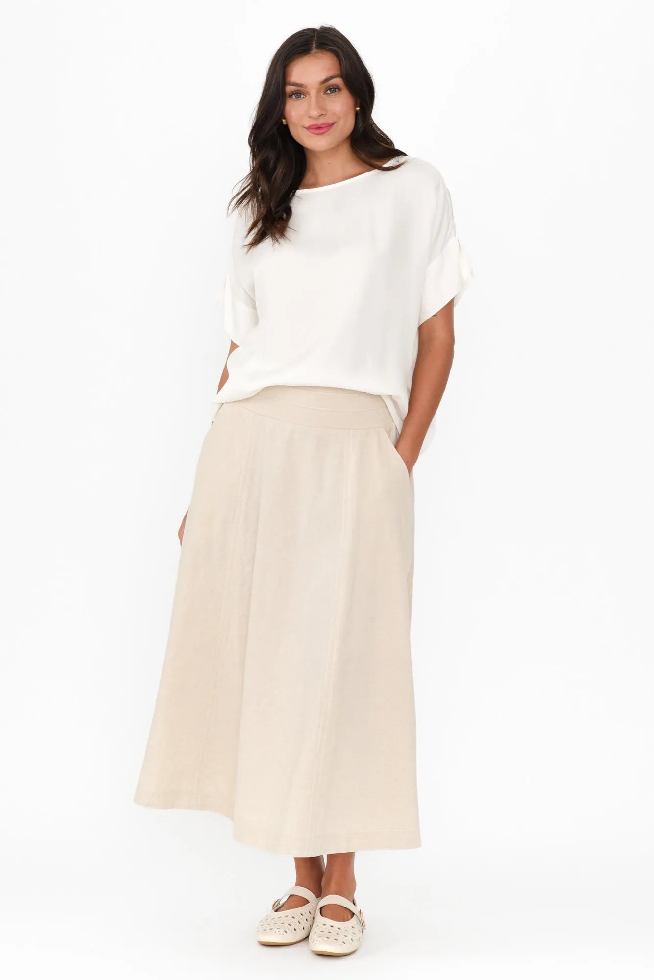 Derine Beige Linen Midi Skirt