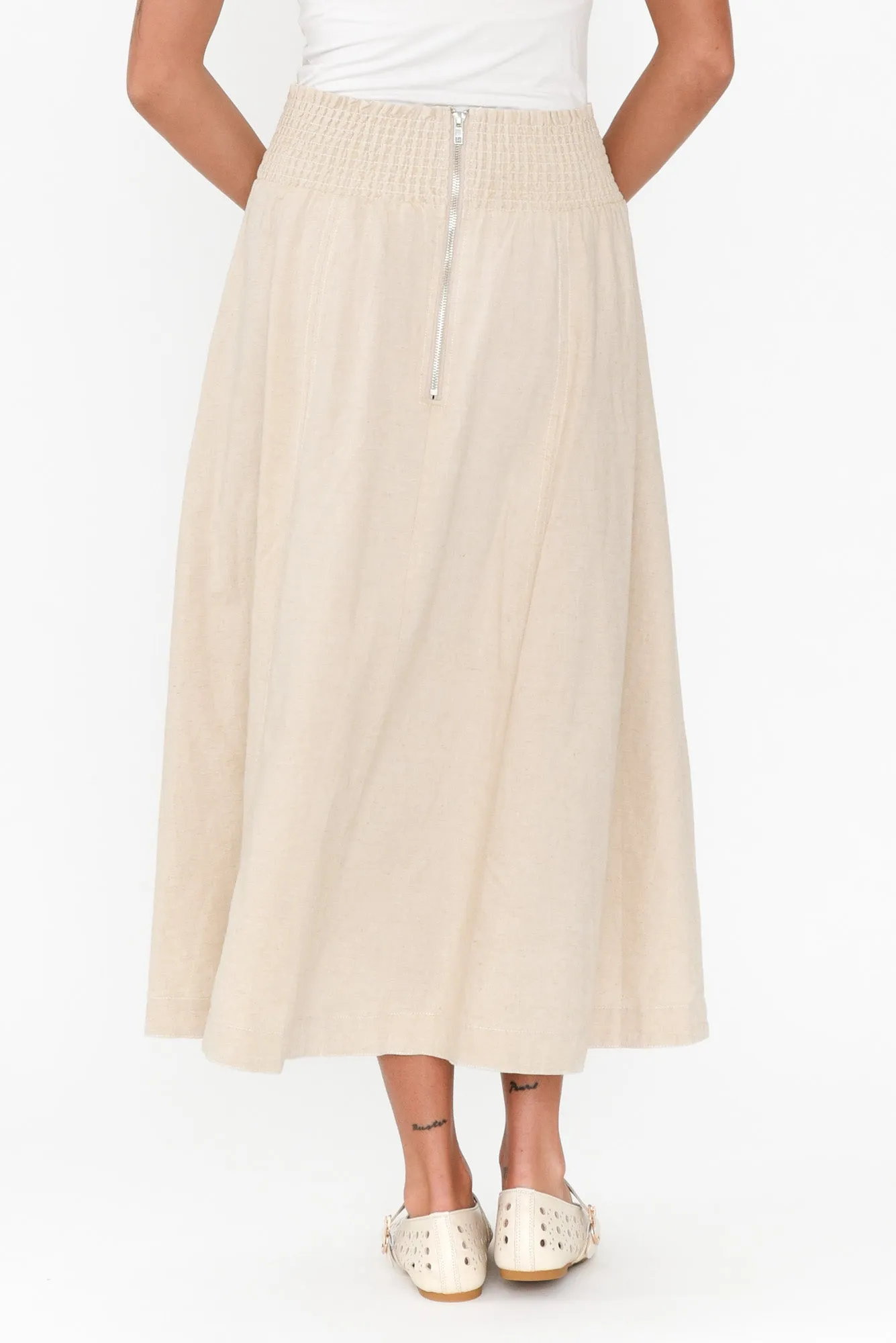 Derine Beige Linen Midi Skirt