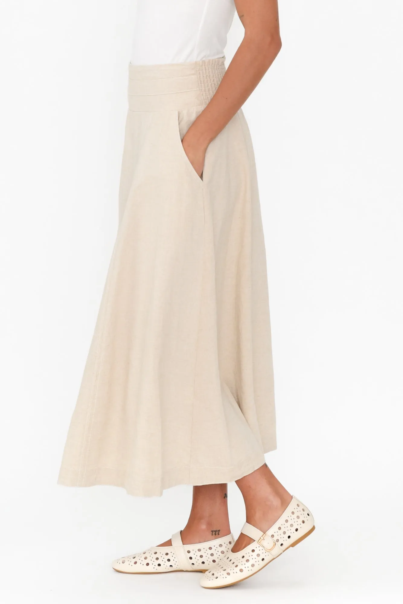 Derine Beige Linen Midi Skirt