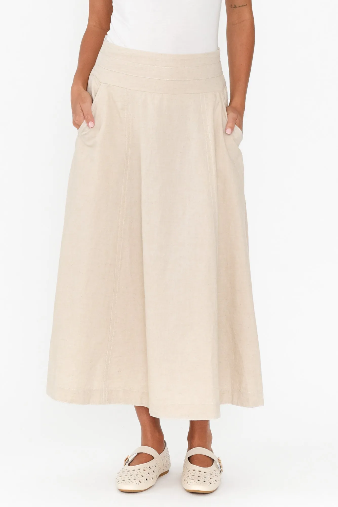 Derine Beige Linen Midi Skirt