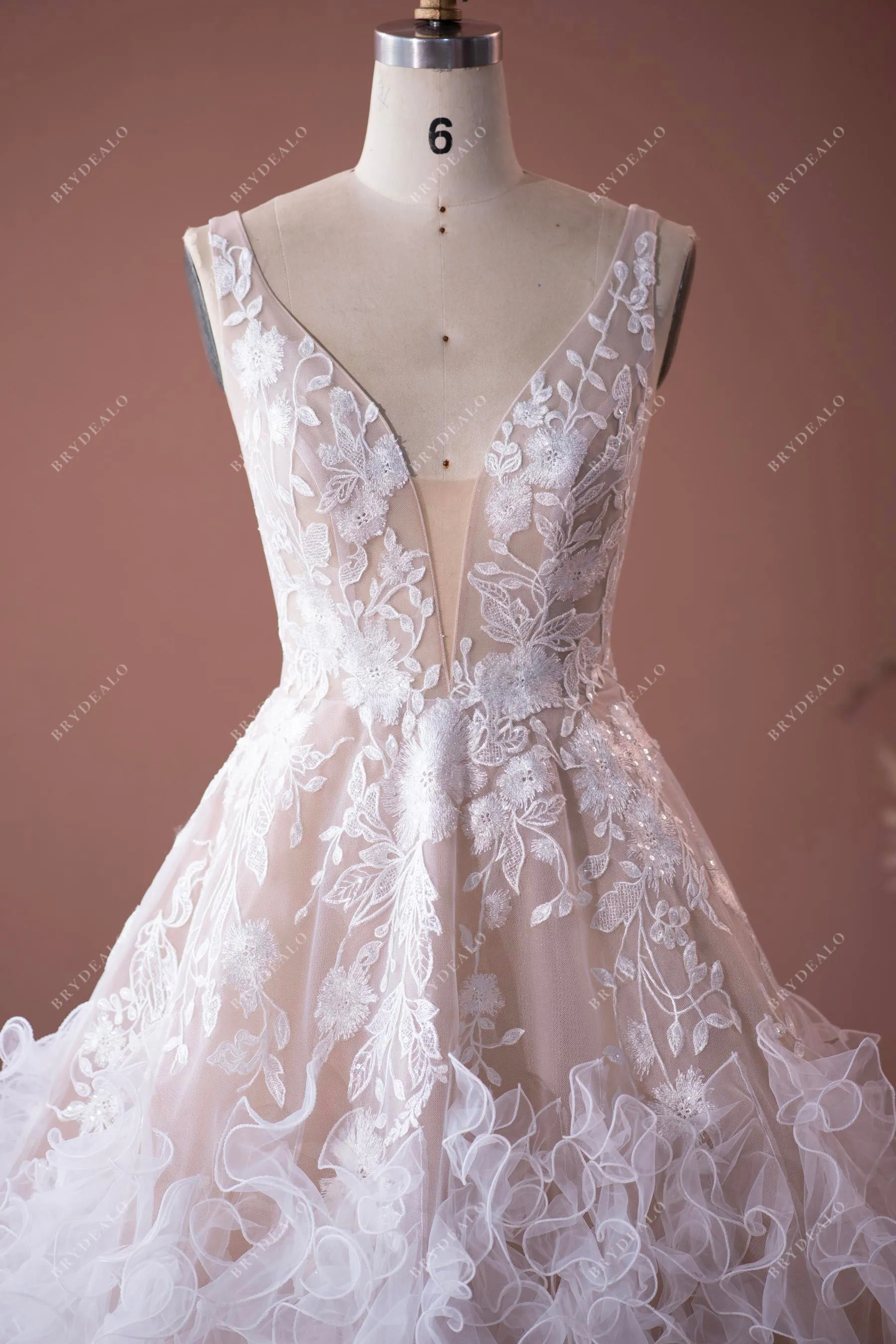 Designer Flower Lace Ruffled Tulle Puffy Wedding Dress