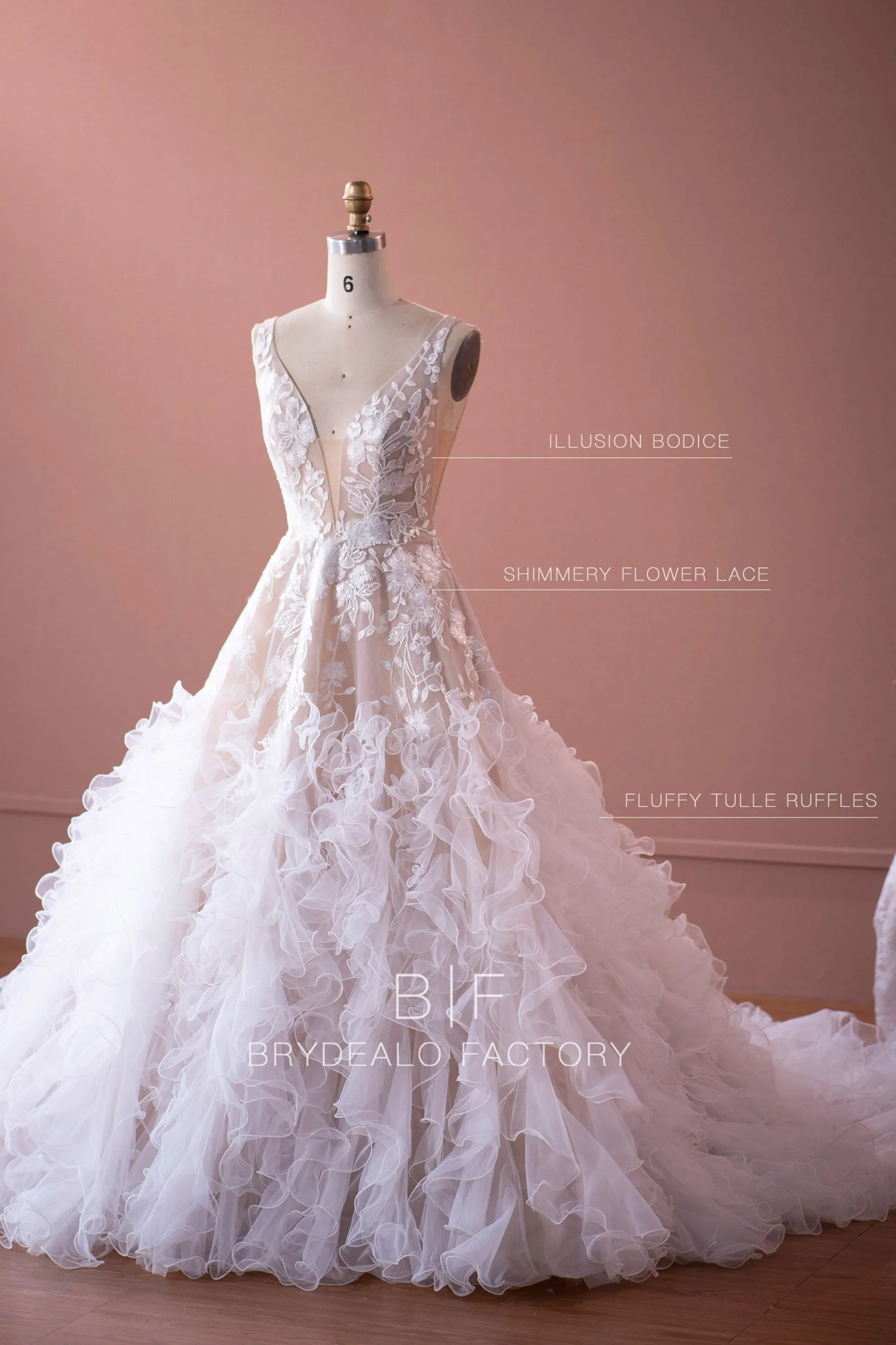 Designer Flower Lace Ruffled Tulle Puffy Wedding Dress