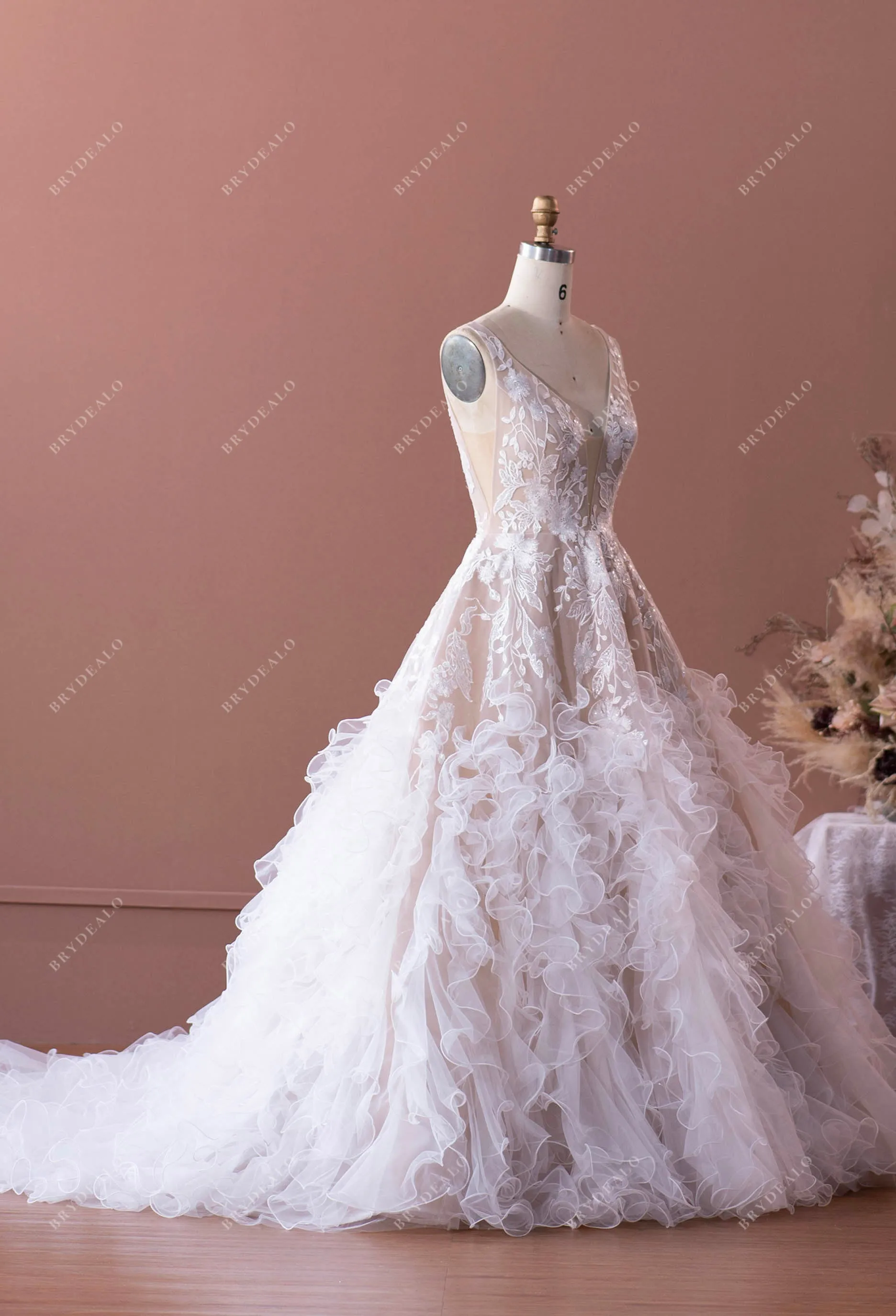 Designer Flower Lace Ruffled Tulle Puffy Wedding Dress