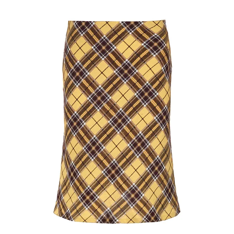 Elegant Vintage Yellow Plaid Skirt Women Low Rise Straight Checkered Harajuku Midi Skirt England Style Bottoms Korean