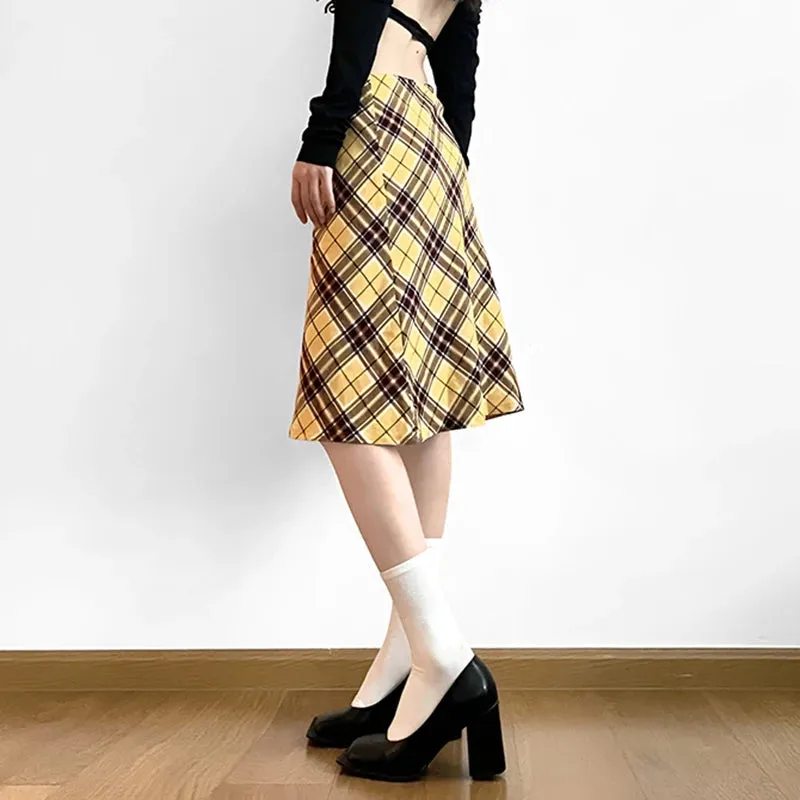 Elegant Vintage Yellow Plaid Skirt Women Low Rise Straight Checkered Harajuku Midi Skirt England Style Bottoms Korean