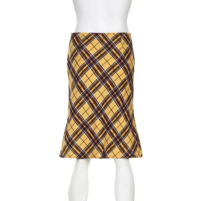 Elegant Vintage Yellow Plaid Skirt Women Low Rise Straight Checkered Harajuku Midi Skirt England Style Bottoms Korean