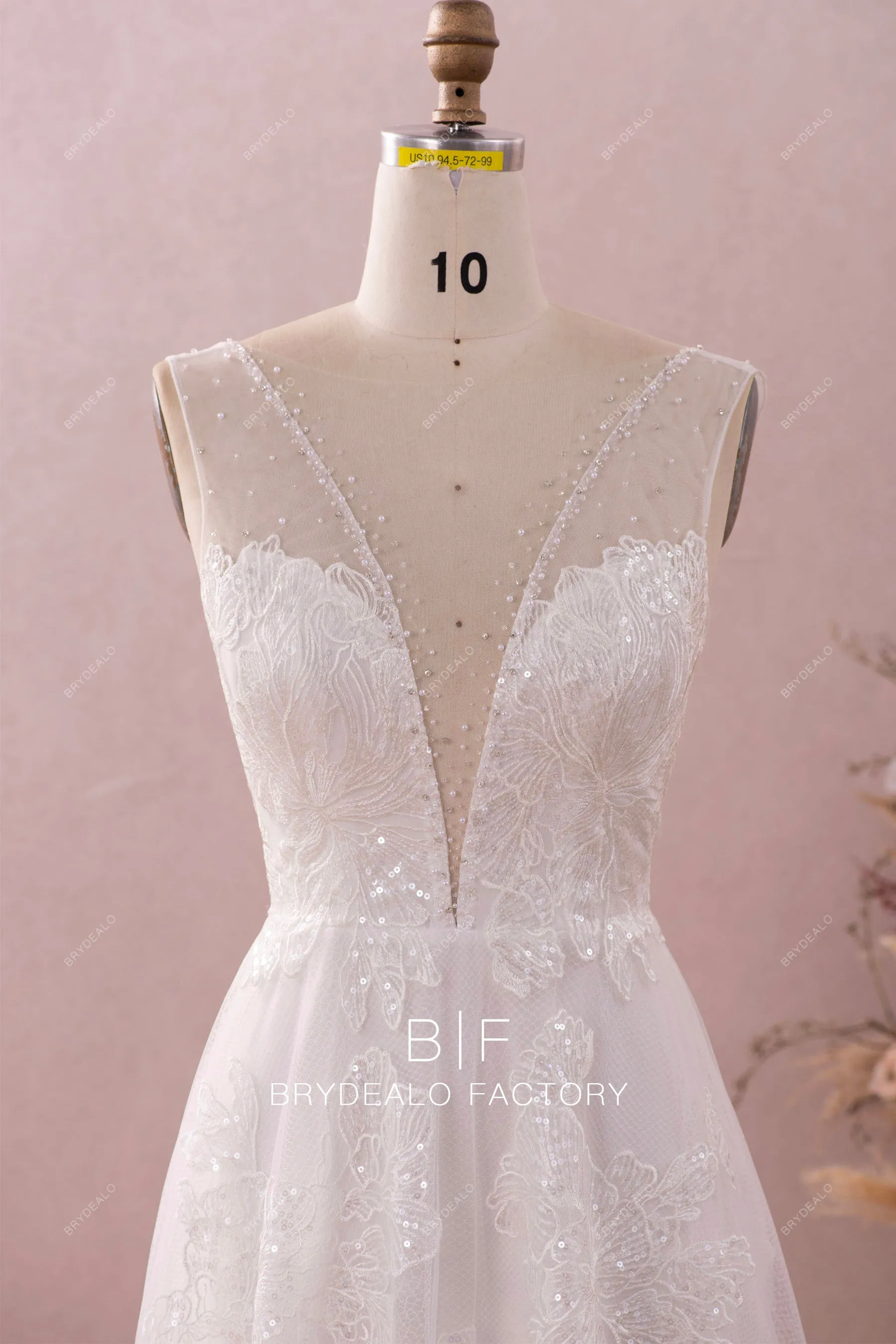 Ethereal Crystal Neck Sequined Lace A-line Wedding Dress