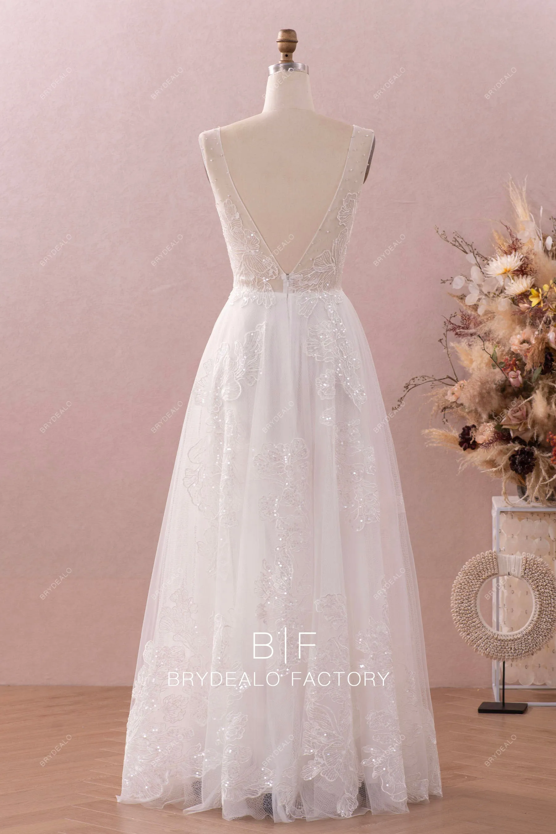 Ethereal Crystal Neck Sequined Lace A-line Wedding Dress