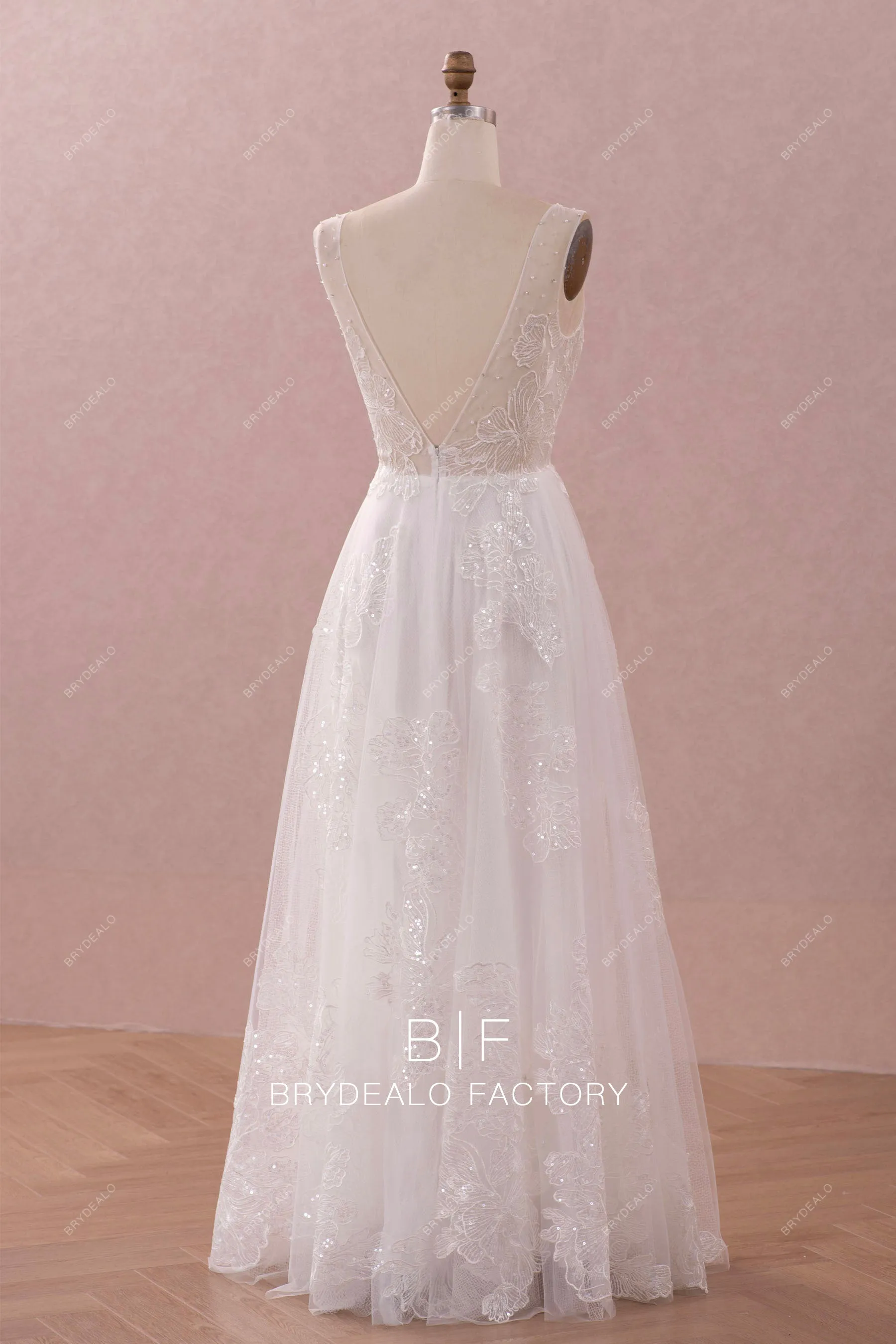 Ethereal Crystal Neck Sequined Lace A-line Wedding Dress