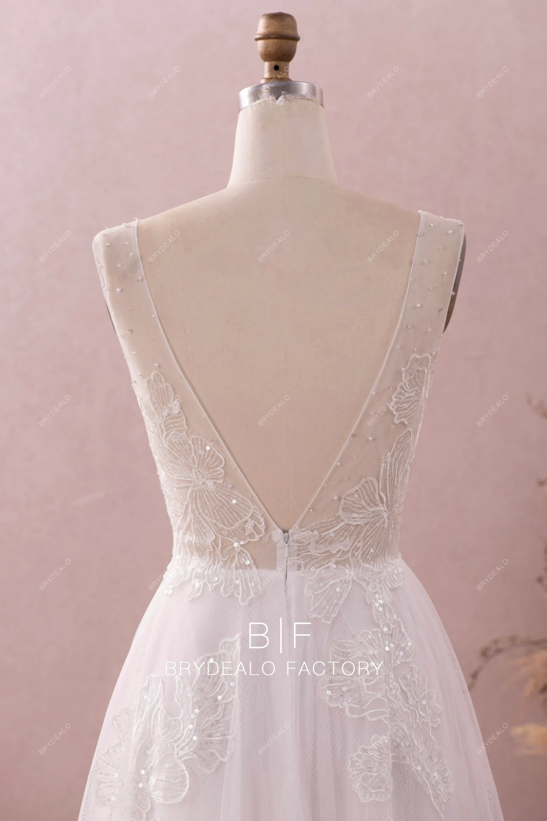 Ethereal Crystal Neck Sequined Lace A-line Wedding Dress