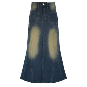 Fairycore Vintage Stitched Cargo Style Denim Skirt Female Street Stye Distressed A-Line Long Skirt Chic Aesthetic Y2K