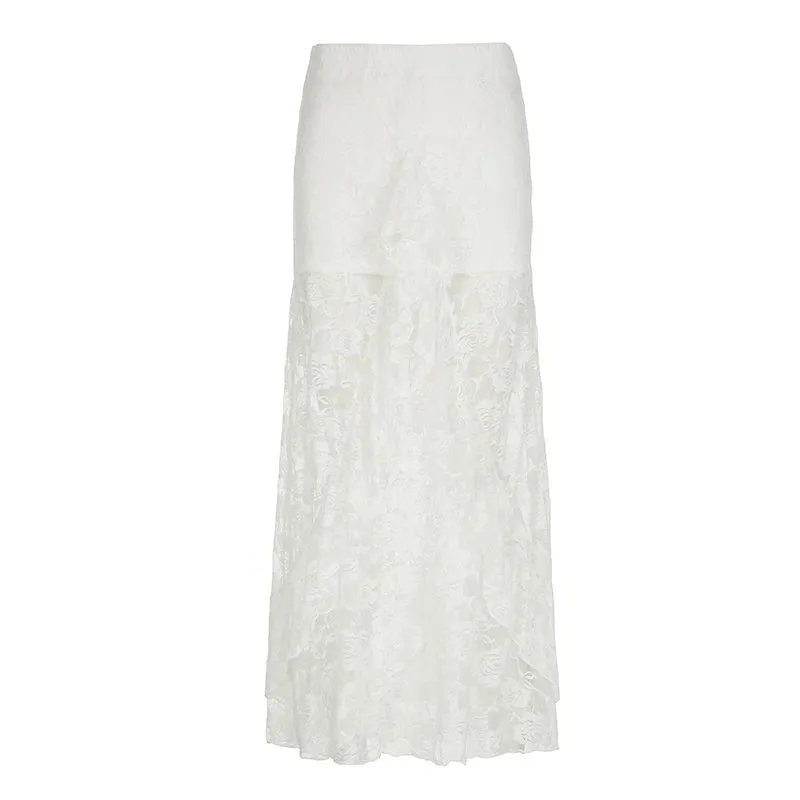 Fashion Asymmetrical Ruffles Sexy Lace Skirt Women White See Through Streetwear Club Party Design Long Skirt Outfits