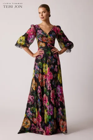 Floral Chiffon Bodice Lace Trim Sleeve Gown