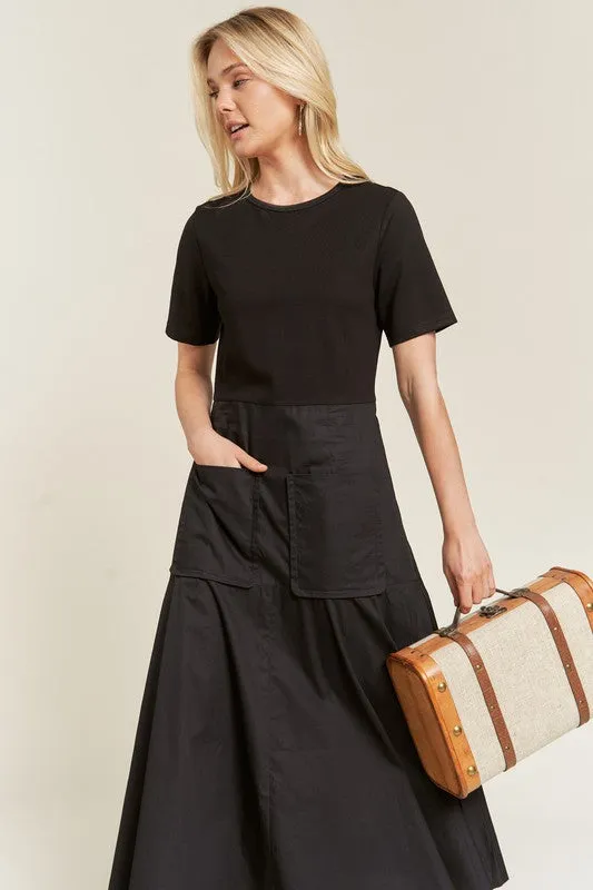 Front Pocket Mixed Media Midi Dress