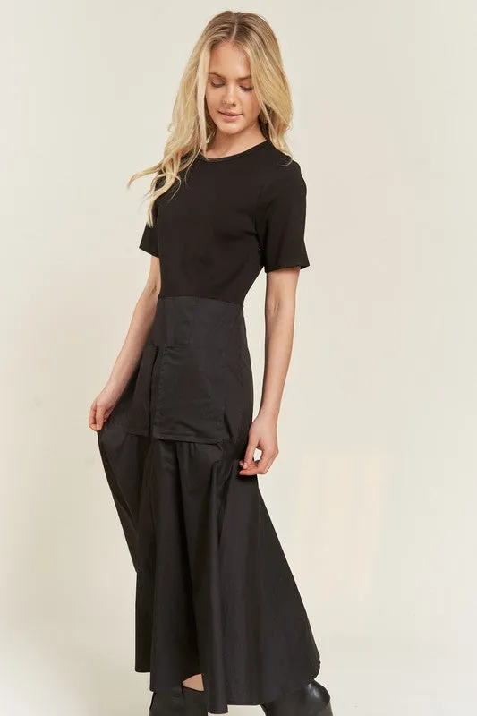 Front Pocket Mixed Media Midi Dress