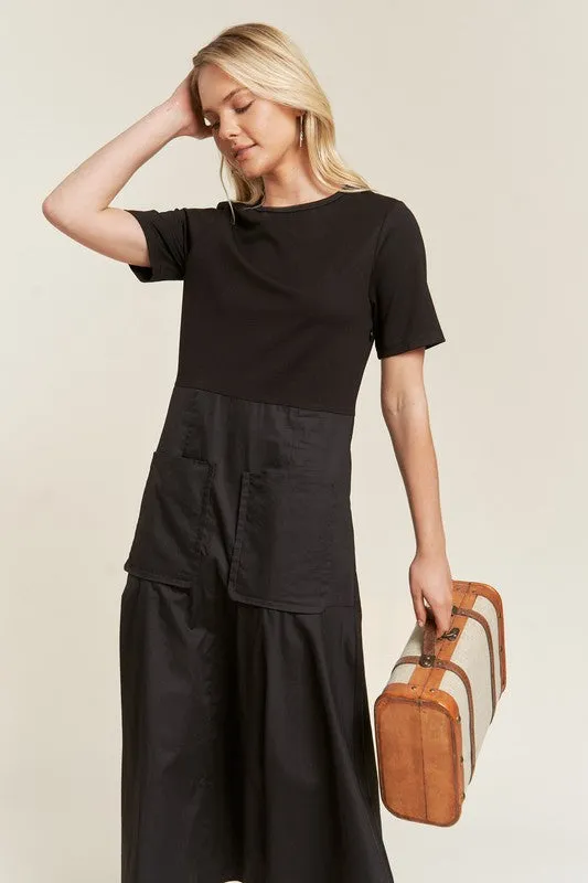 Front Pocket Mixed Media Midi Dress