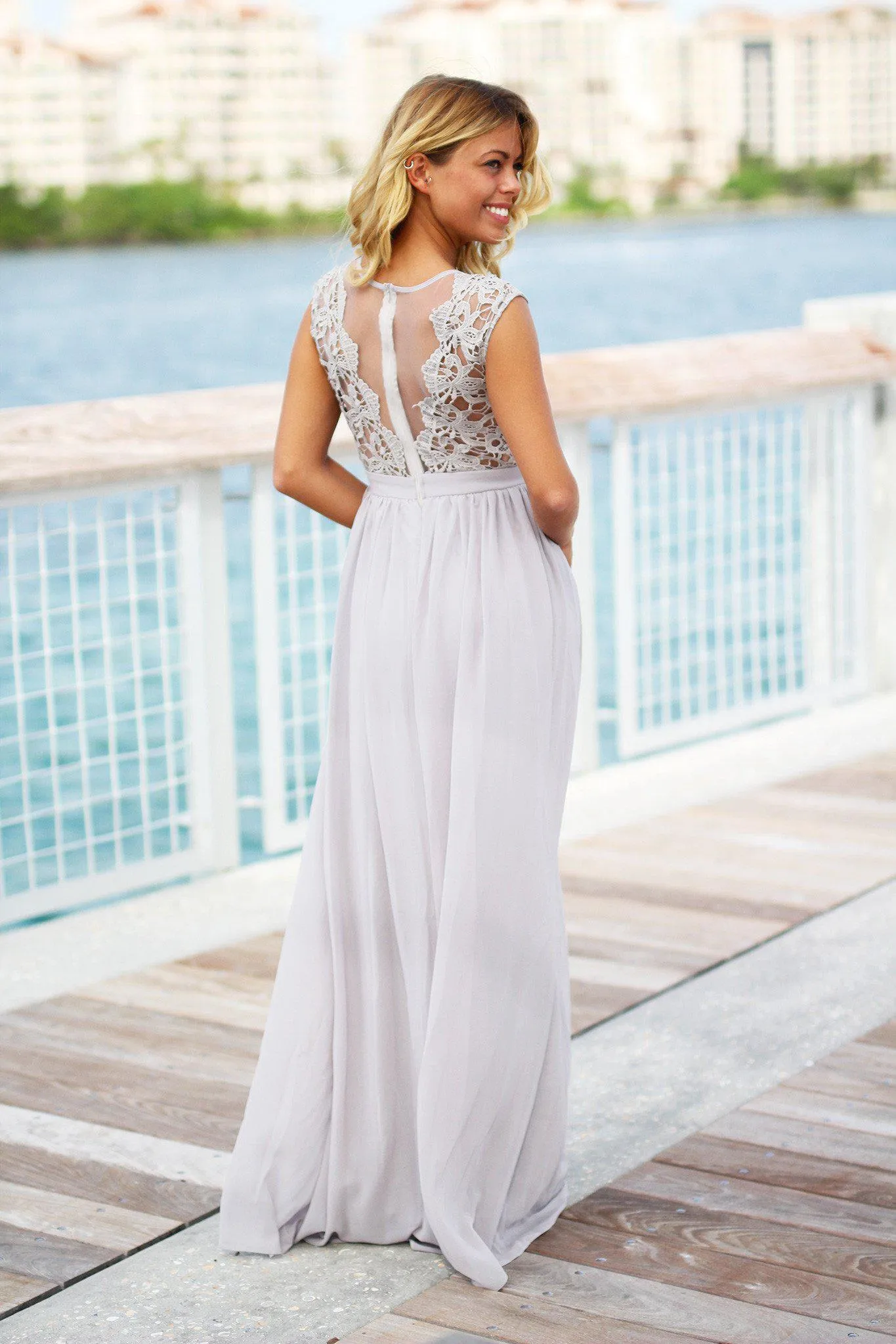 Gray Crochet Maxi Dress with Tulle Back