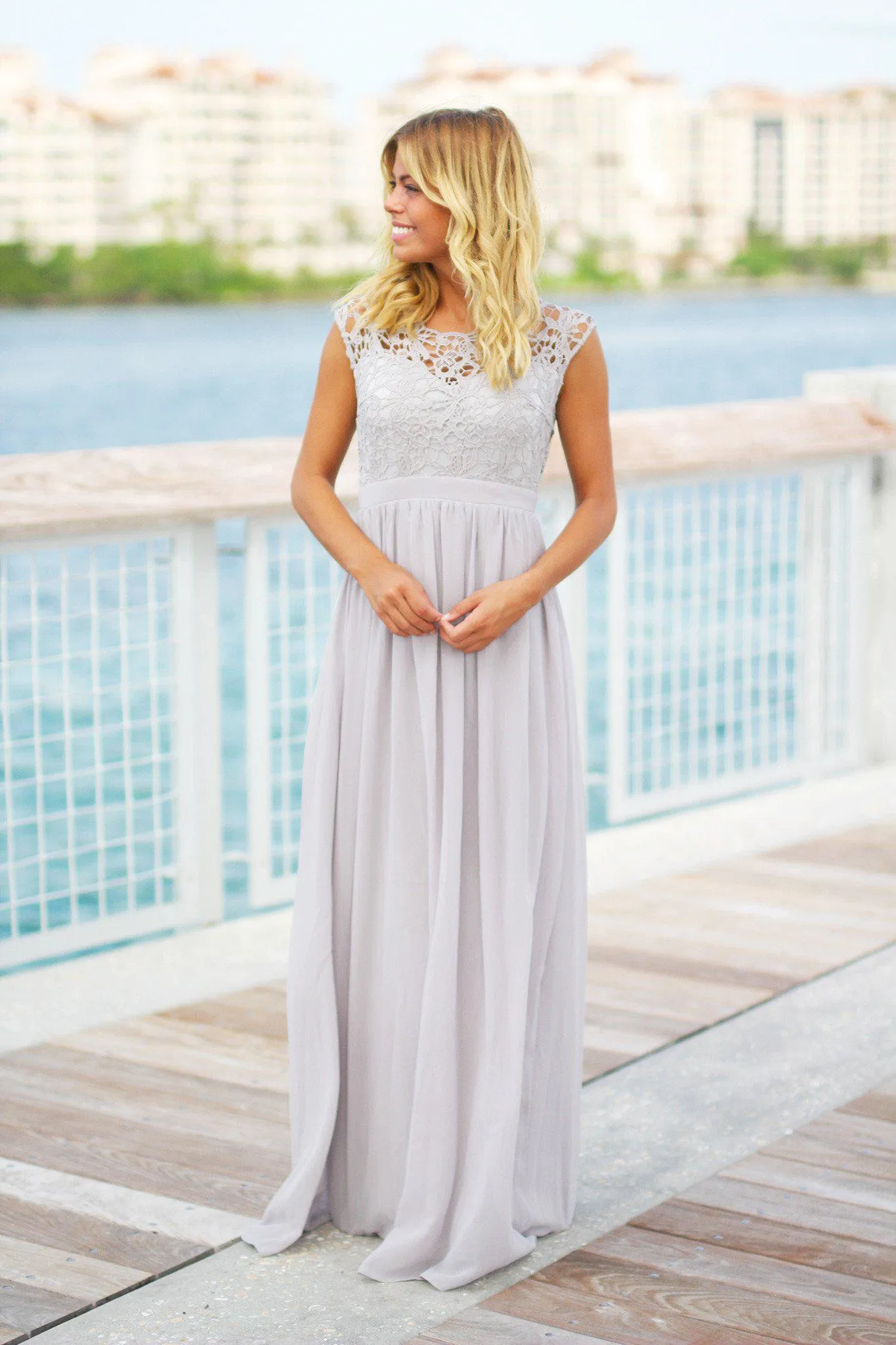 Gray Crochet Maxi Dress with Tulle Back