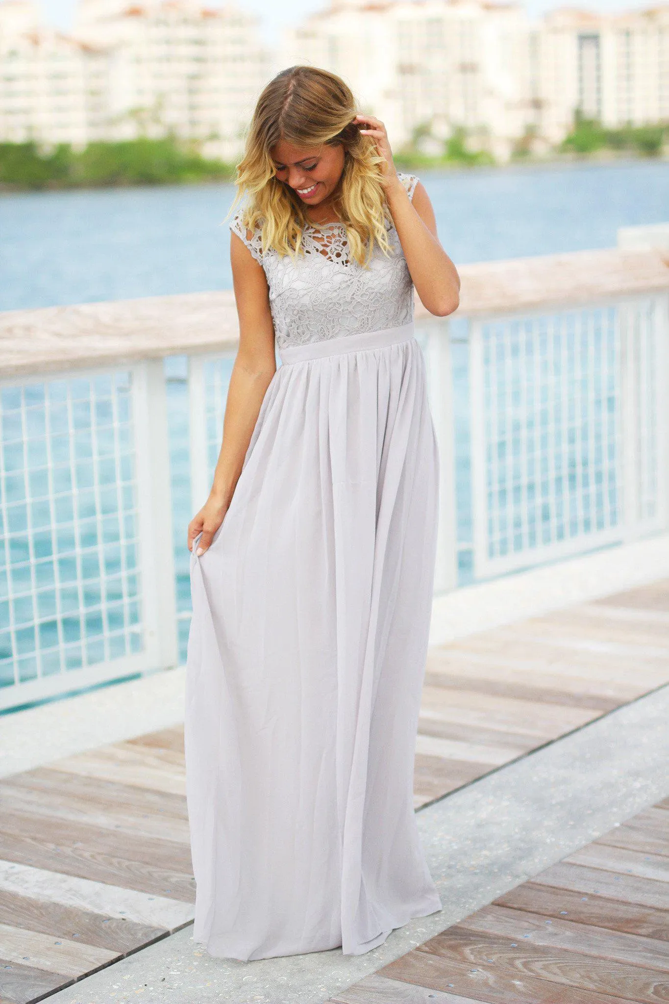 Gray Crochet Maxi Dress with Tulle Back