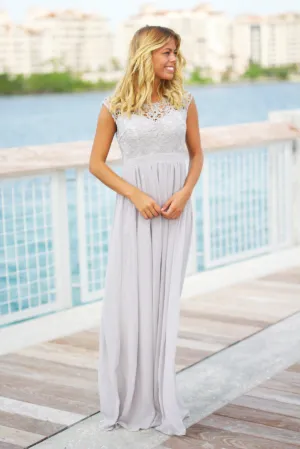 Gray Crochet Maxi Dress with Tulle Back