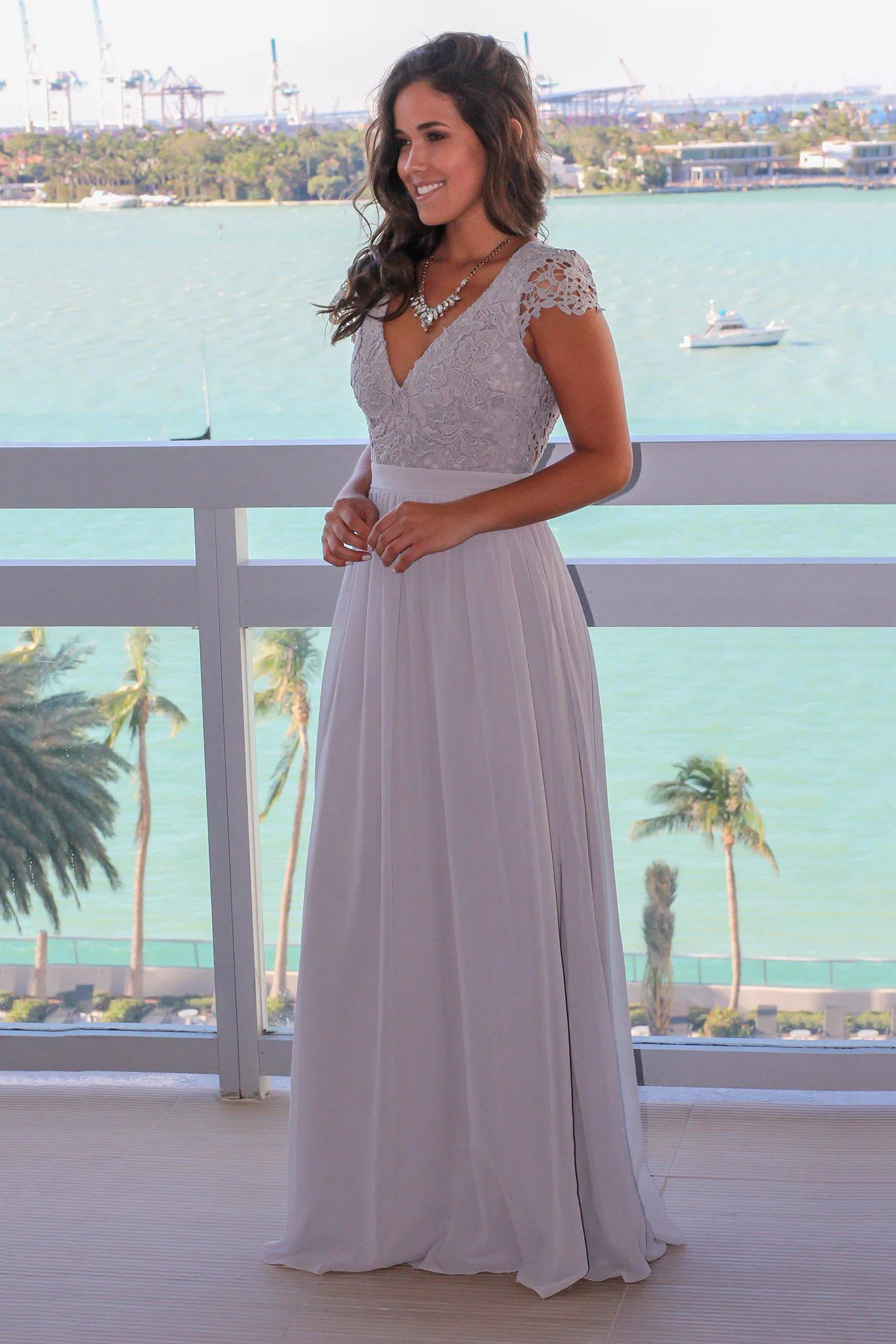 Gray Crochet Top Maxi Dress with Open Back