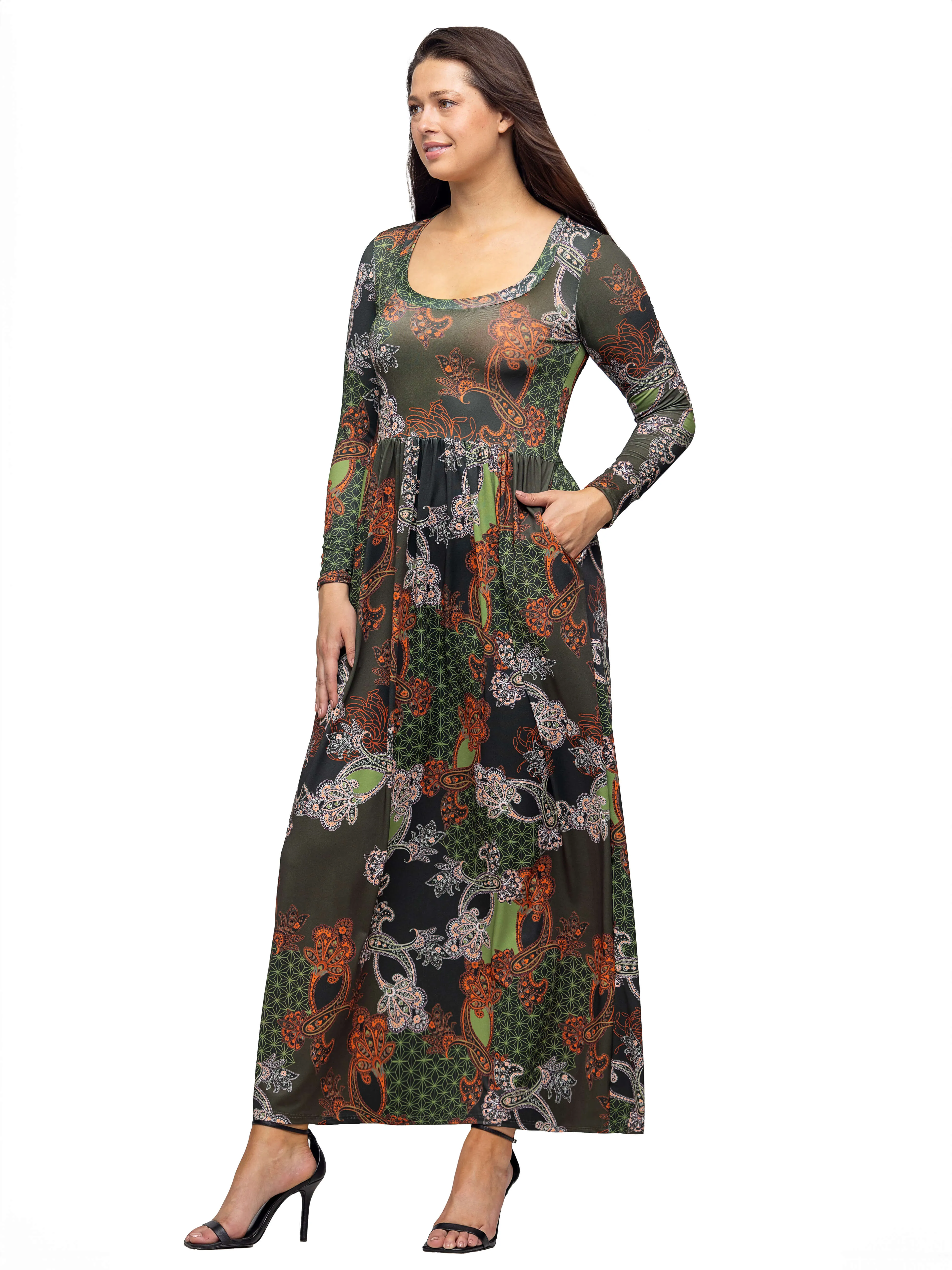 Green Long Sleeve Empire Waist Pocket Maxi Dress