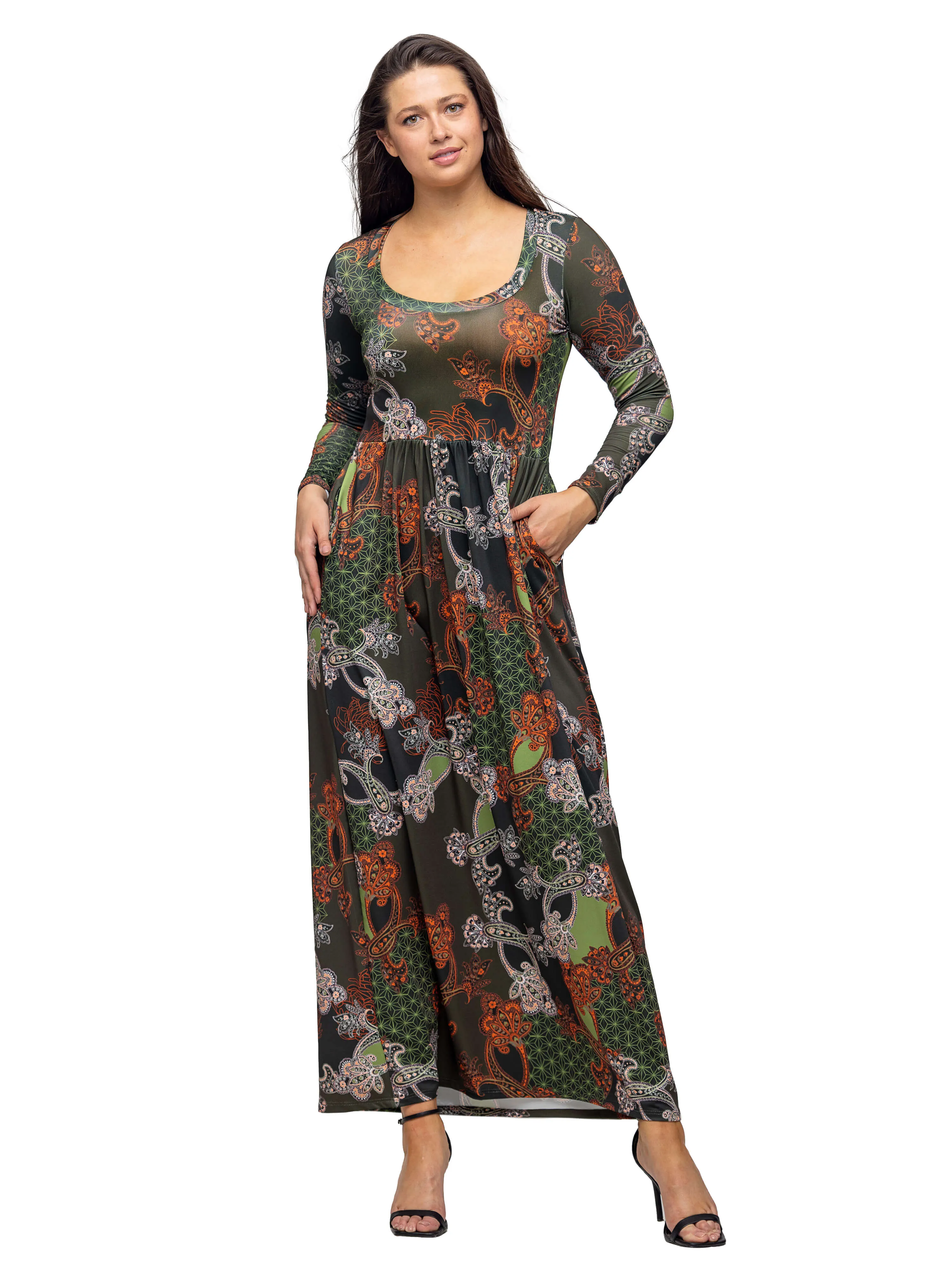 Green Long Sleeve Empire Waist Pocket Maxi Dress