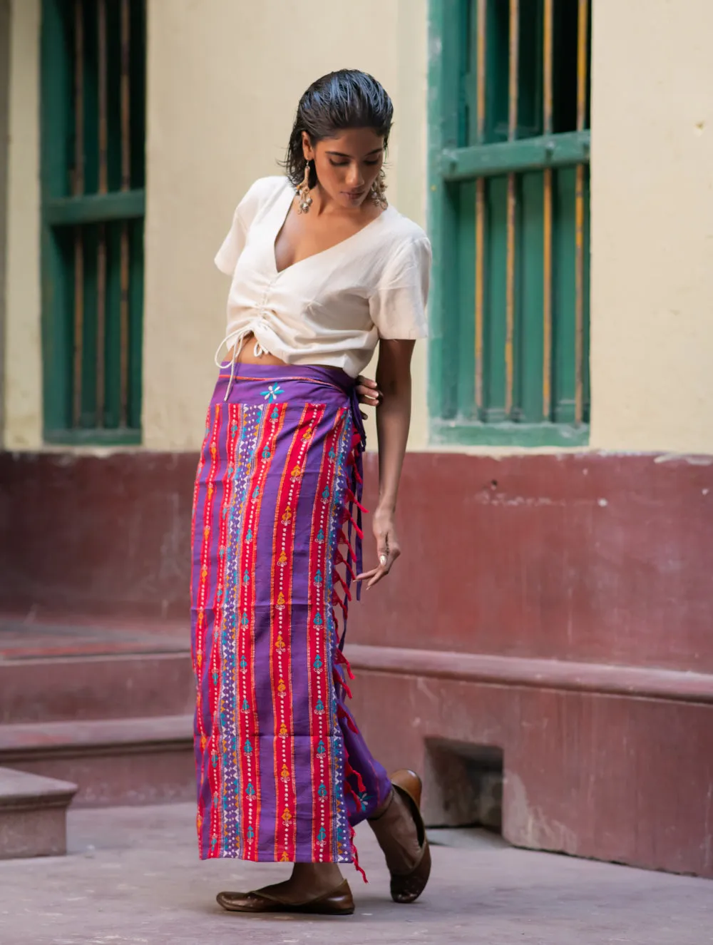 Handwoven Khesh & Kantha Embroidered Cotton Wrap Skirt - Grape