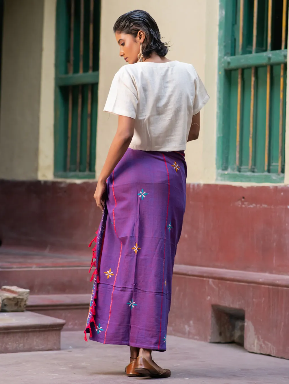 Handwoven Khesh & Kantha Embroidered Cotton Wrap Skirt - Grape