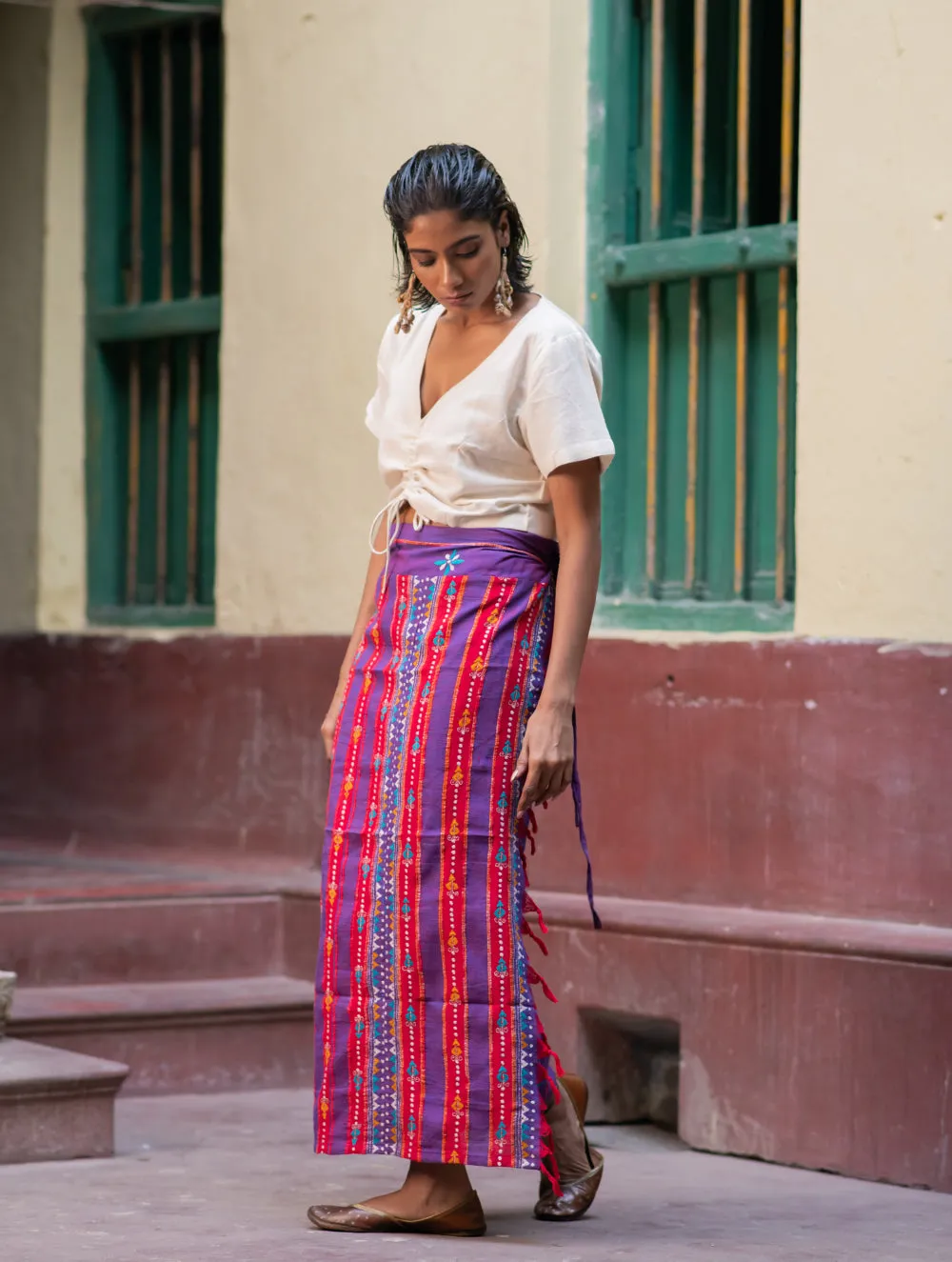 Handwoven Khesh & Kantha Embroidered Cotton Wrap Skirt - Grape