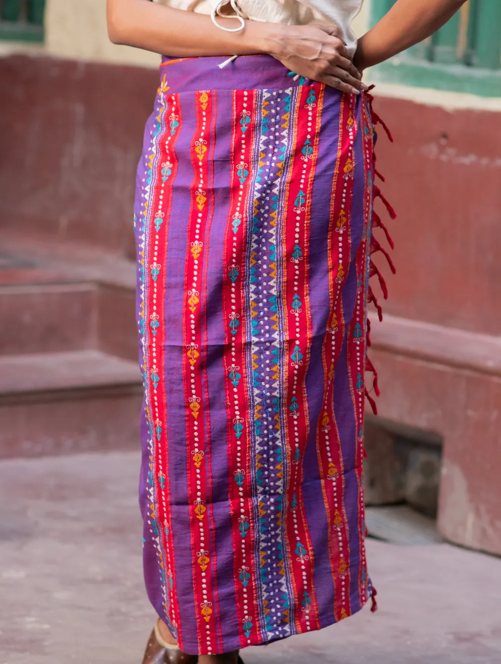 Handwoven Khesh & Kantha Embroidered Cotton Wrap Skirt - Grape