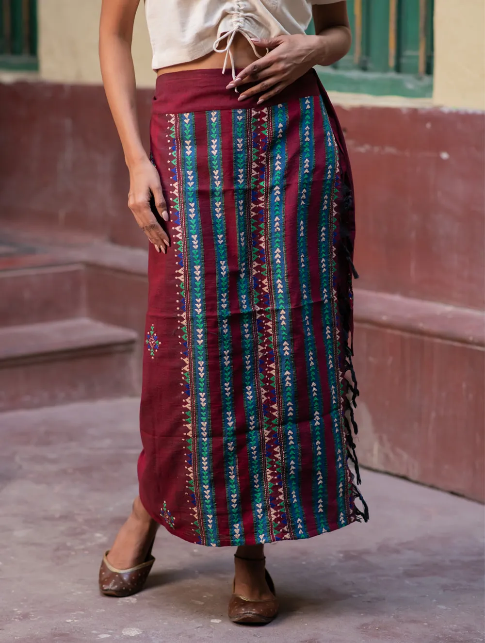 Handwoven Khesh & Kantha Embroidered Cotton Wrap Skirt - Sangria