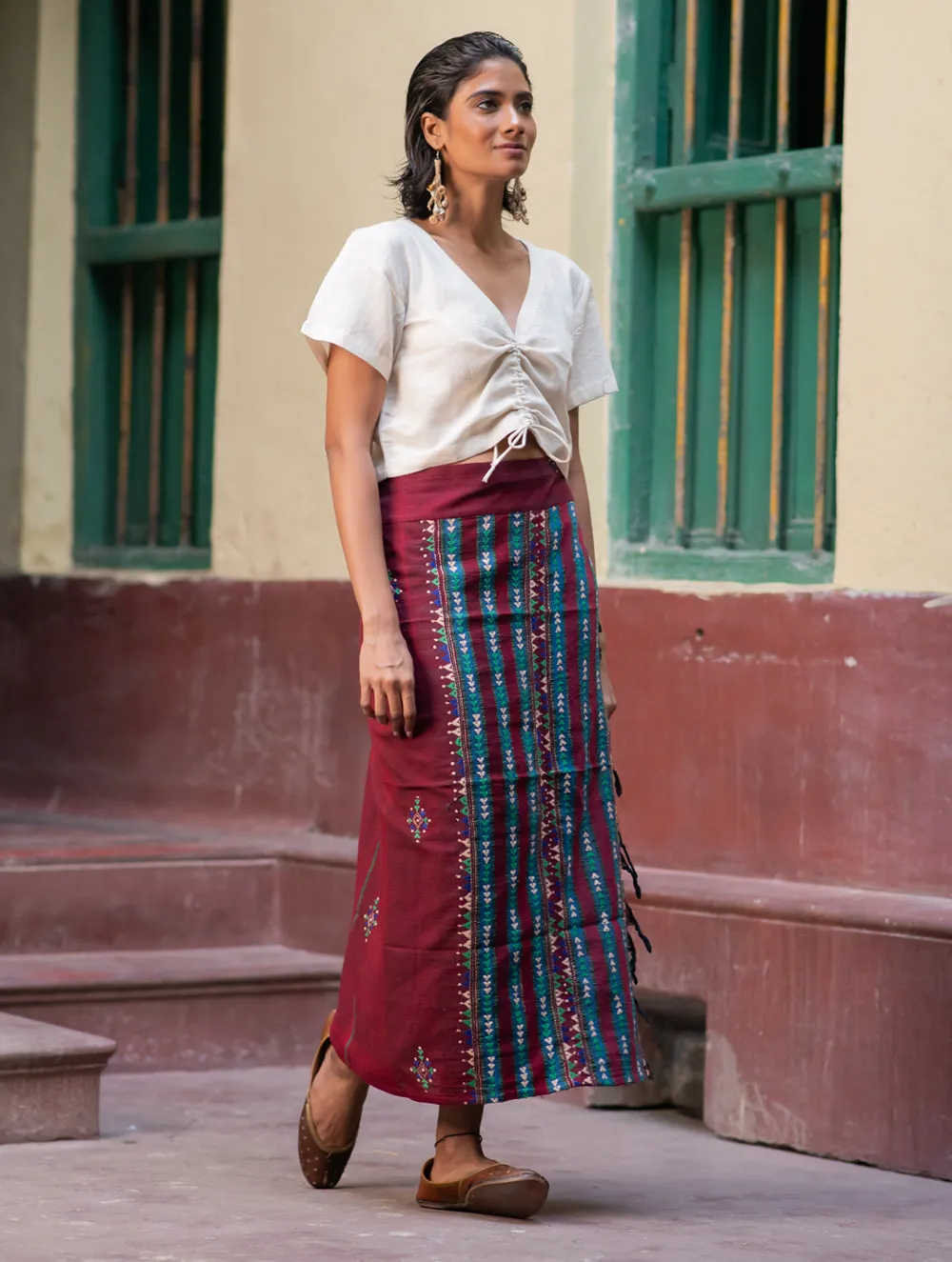 Handwoven Khesh & Kantha Embroidered Cotton Wrap Skirt - Sangria