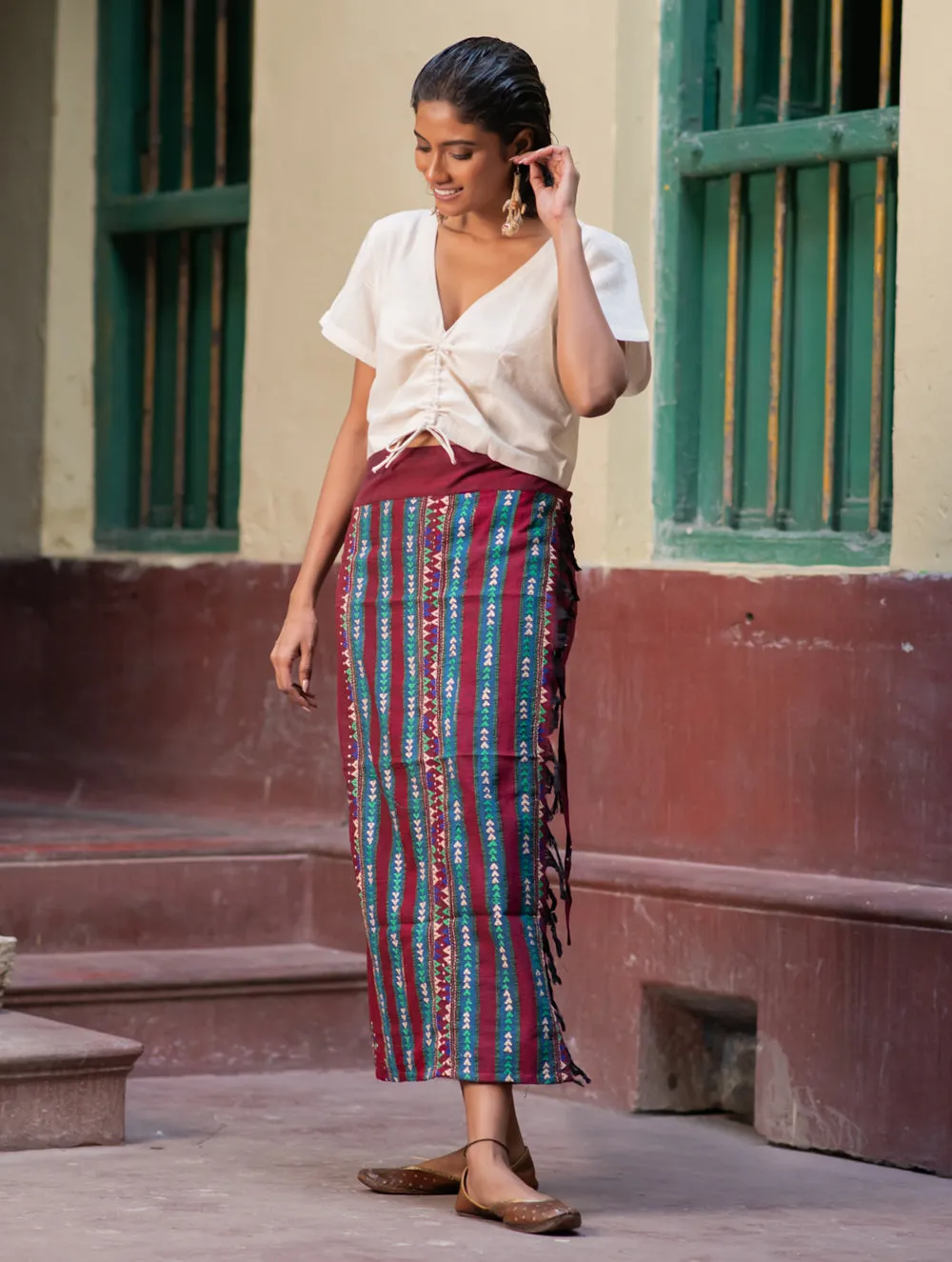 Handwoven Khesh & Kantha Embroidered Cotton Wrap Skirt - Sangria