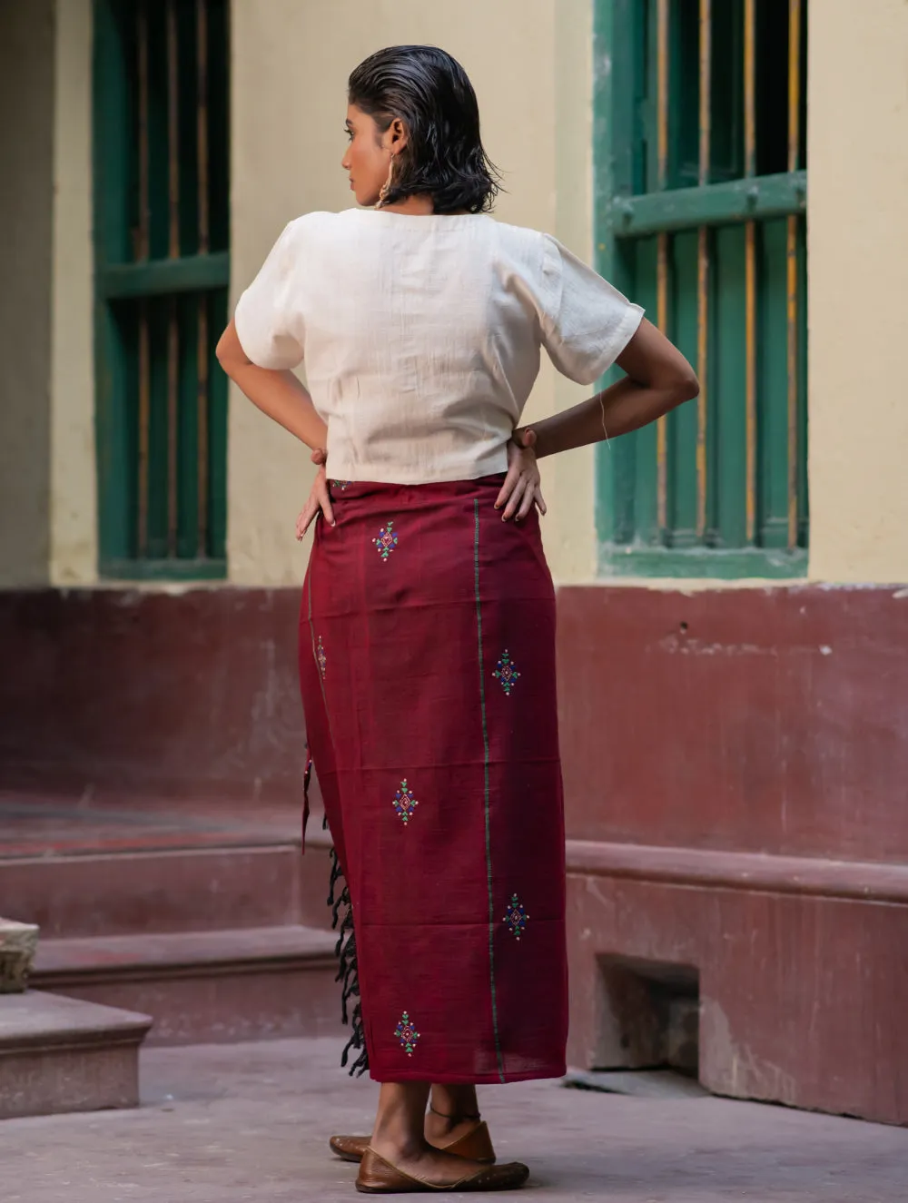 Handwoven Khesh & Kantha Embroidered Cotton Wrap Skirt - Sangria