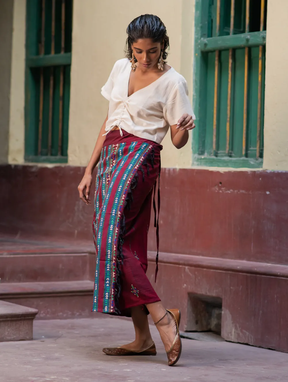 Handwoven Khesh & Kantha Embroidered Cotton Wrap Skirt - Sangria