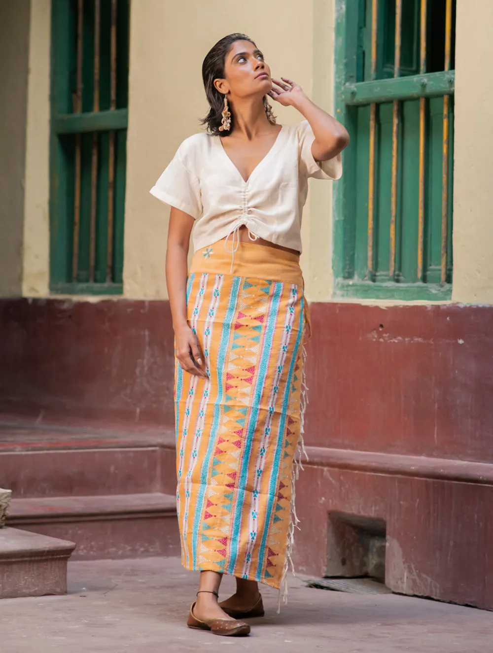 Handwoven Khesh & Kantha Embroidered Cotton Wrap Skirt - Yellow